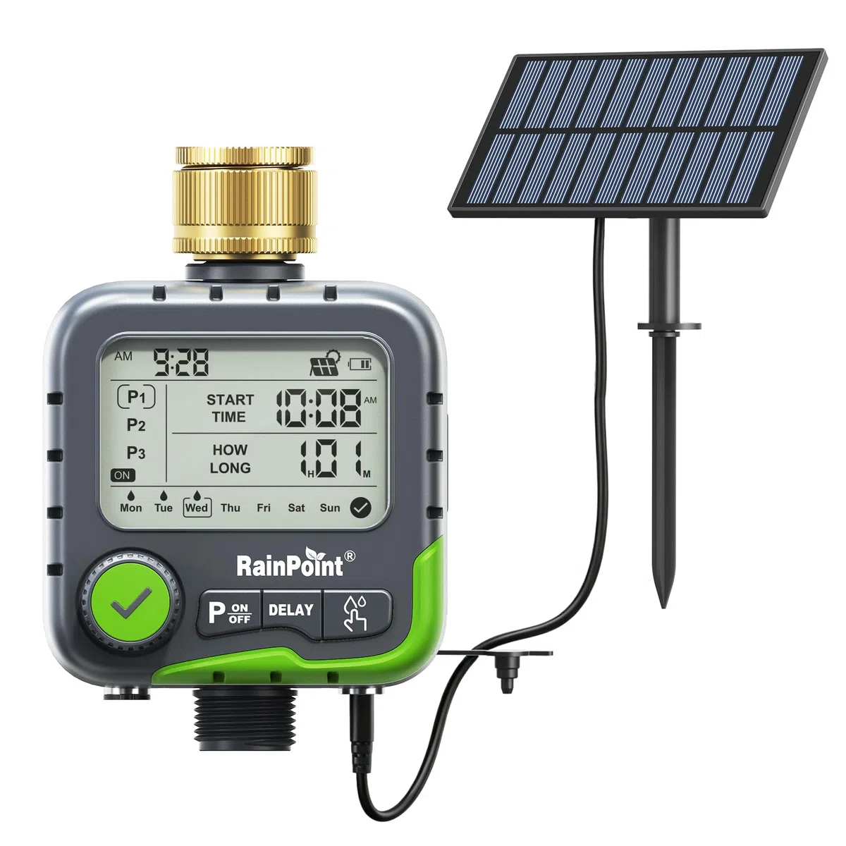 RAINPOINT ITV156 Kit d'arrosage solaire avec minuterie pour robinet de jardin, panneau solaire et 2 piles AA, 3 programmes indépendants