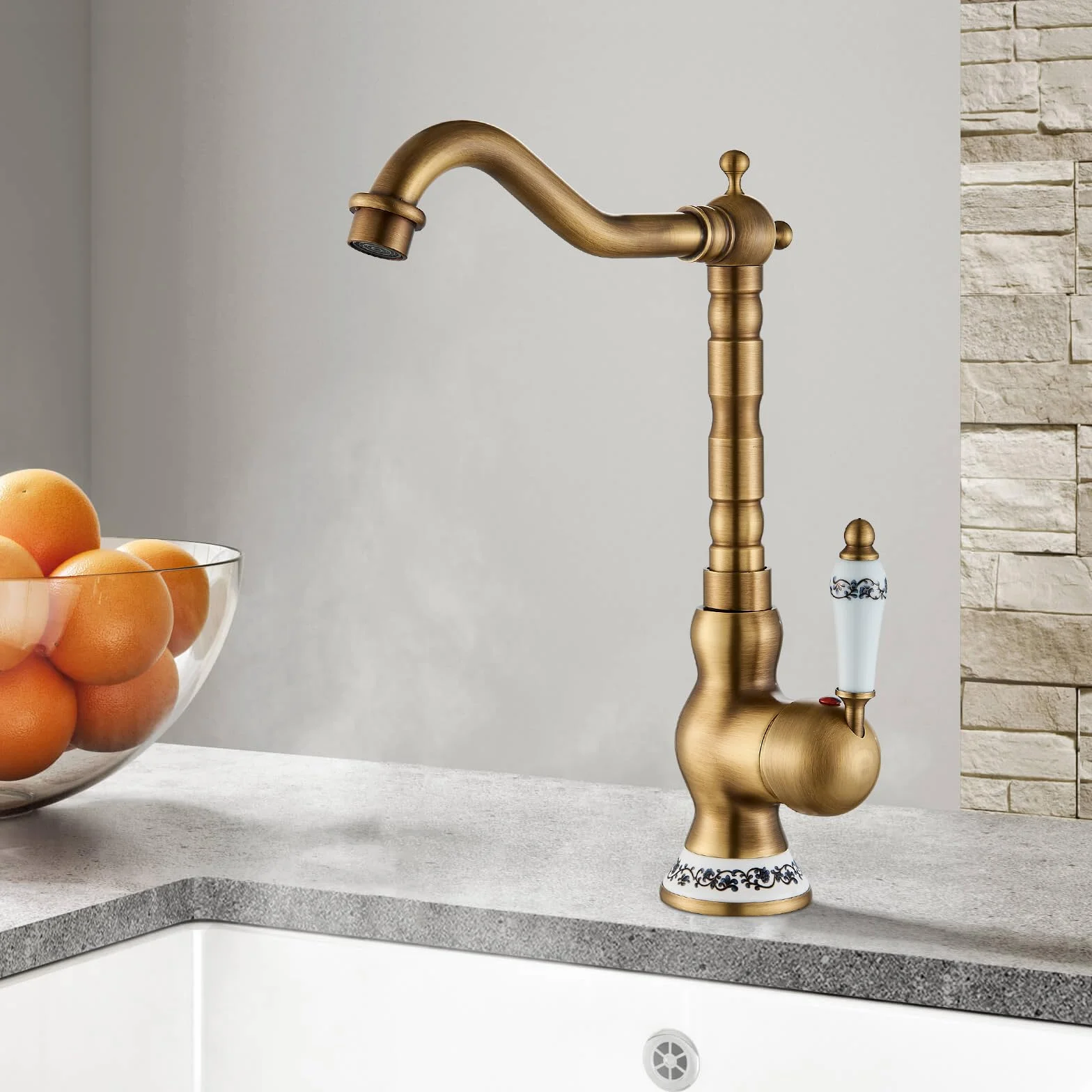 Robinet Mitigeur Cuisine Salle de Bains Cuivre Antique Levier Unique Bec Pivotant Style Rétro