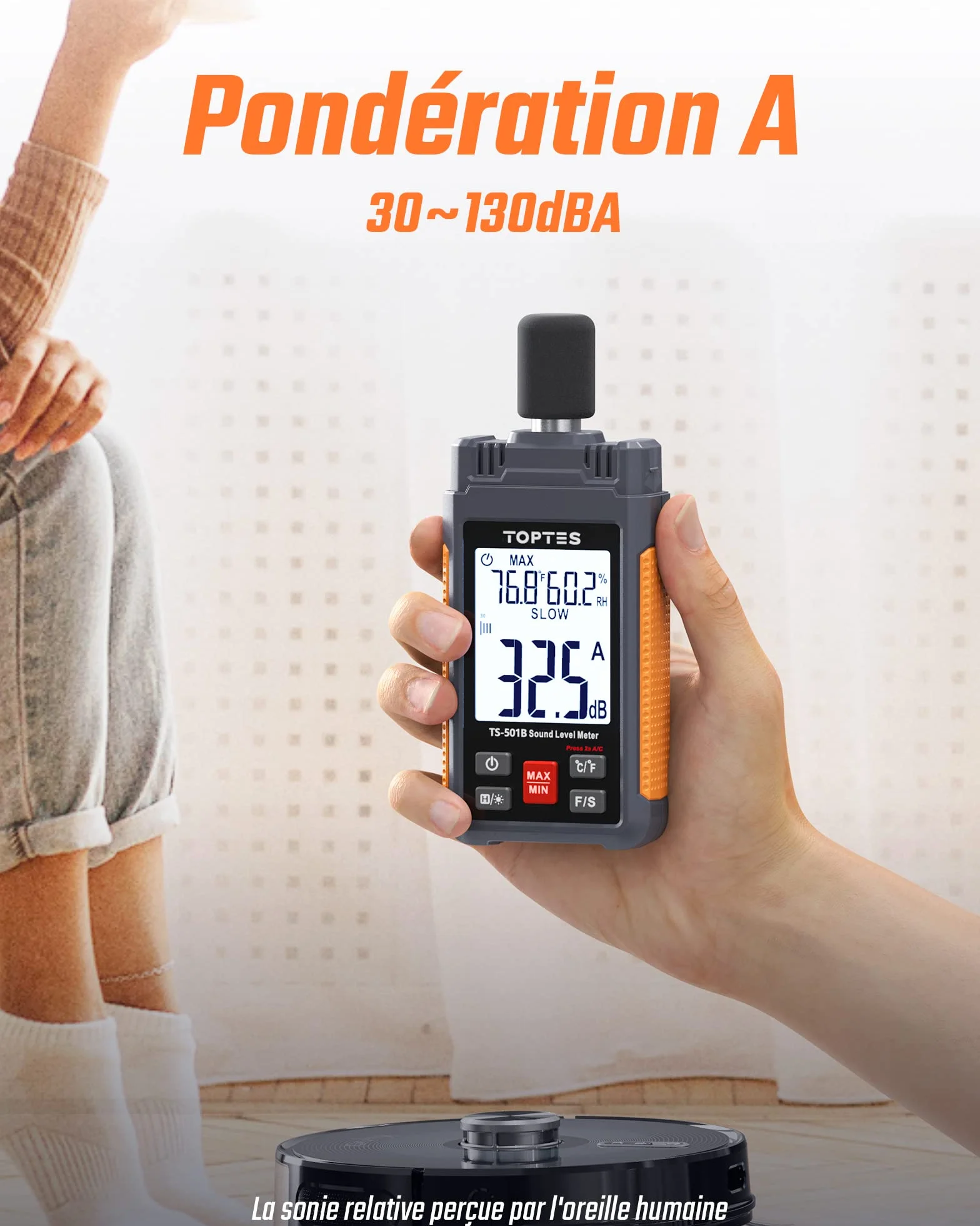 TopTes TS-501B Sonomètre Décibelmètre LCD rétroéclairé 2,25 pouces 30-130 dB pondéré A/C MAX/MIN Orange