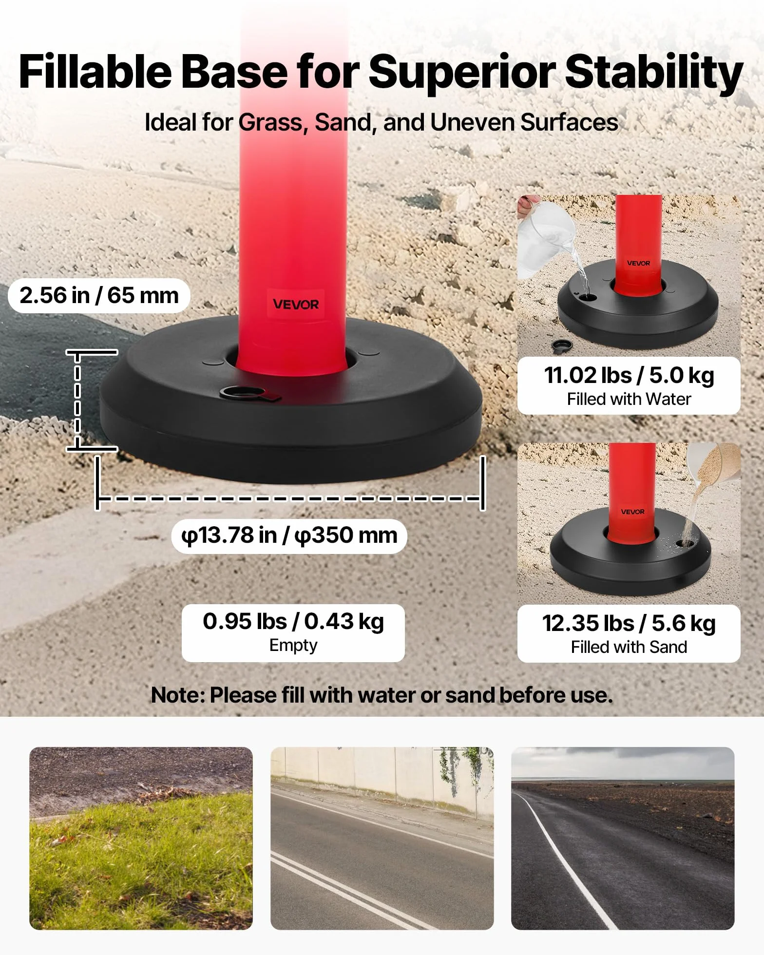 VEVOR Poteau de Signalisation 114 cm, Balise de Délimitation avec Base Remplissable, Bandes Réfléchissantes, Rouge