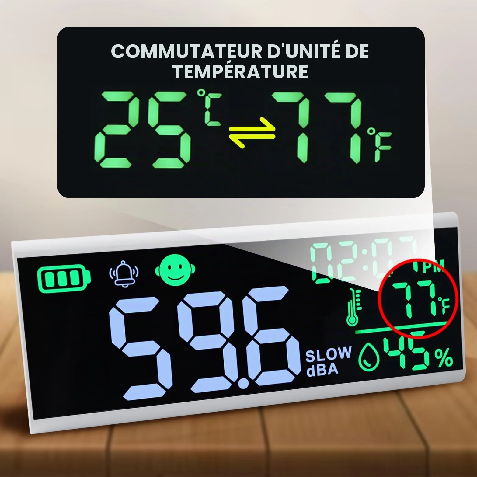 Compteur de décibels 13 pouces - Sonomètre mural et de table avec affichage LED, alarme sonore