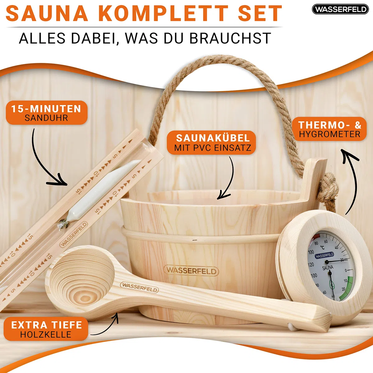 WASSERFELD® Seau de sauna 4 litres avec truelle, sablier, thermomètre et hygromètre