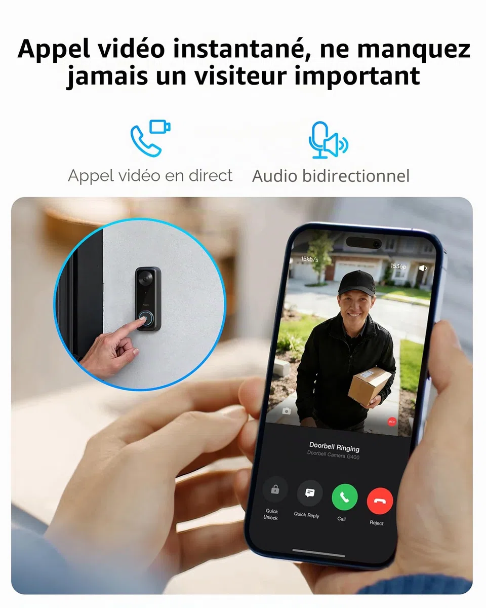 Aqara G400 Sonnette Vidéo PoE/WiFi HomeKit Secure Video 2K Wi-Fi 6 IP65 Compatible Alexa Google SmartThings