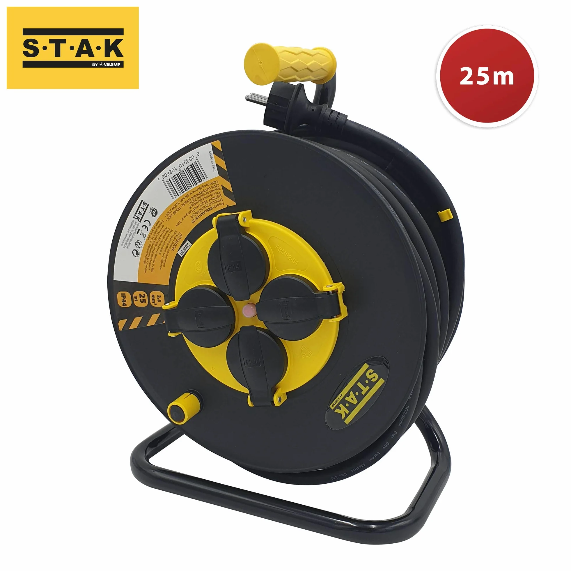 Stak REELART-FR-25 Enrouleur électrique professionnel IP44 25m câble caoutchouc 3G2.5mm² 4 prises acier noir