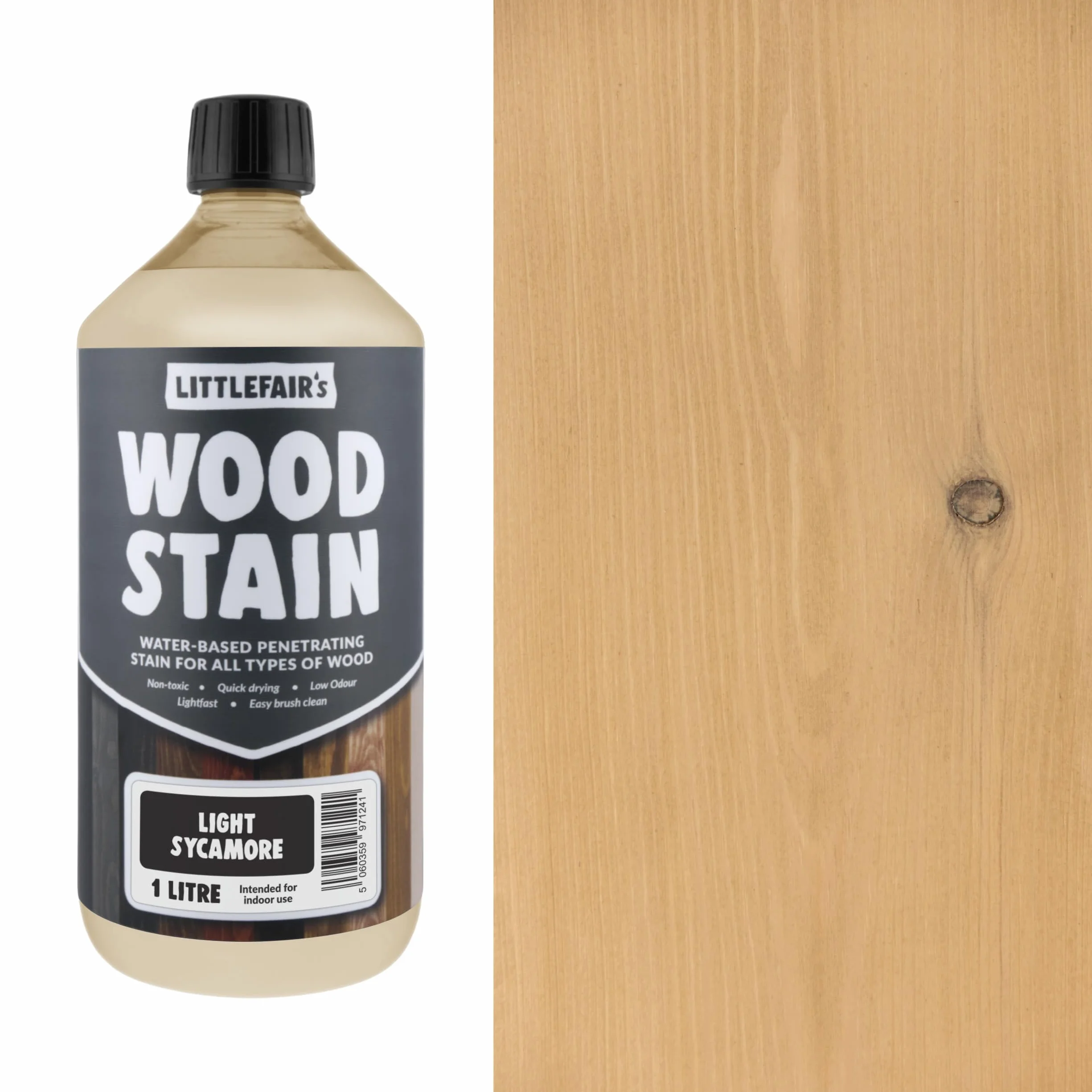 Littlefair's Teinte Bois 1ltr Teinture Bois Écologique À Base D'Eau Lasure Bois Intérieur Séchage Rapide Couleur Sycomore clair