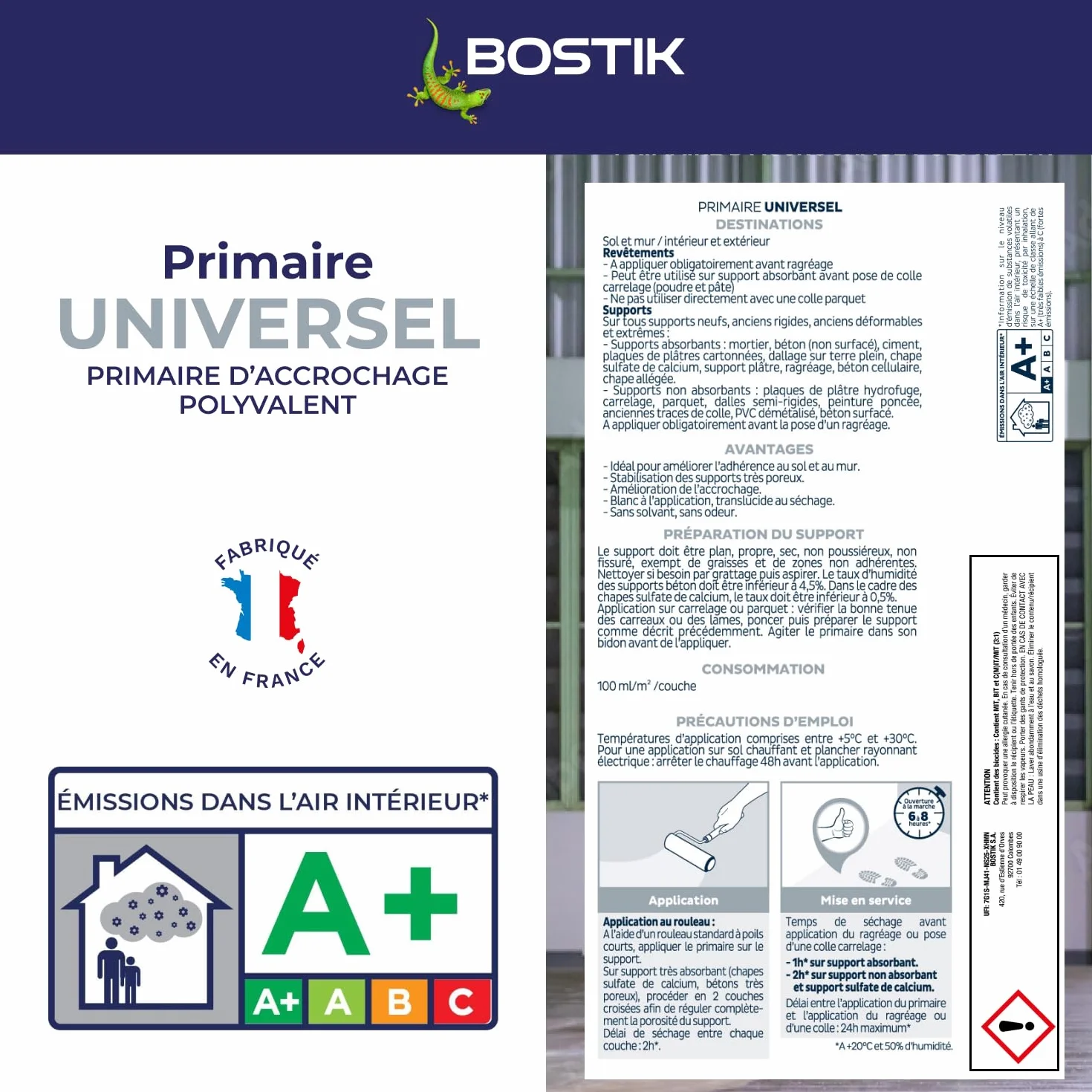 Bostik Primaire d'Accrochage Universel Intérieur Extérieur Sol Mur Bidon 2L