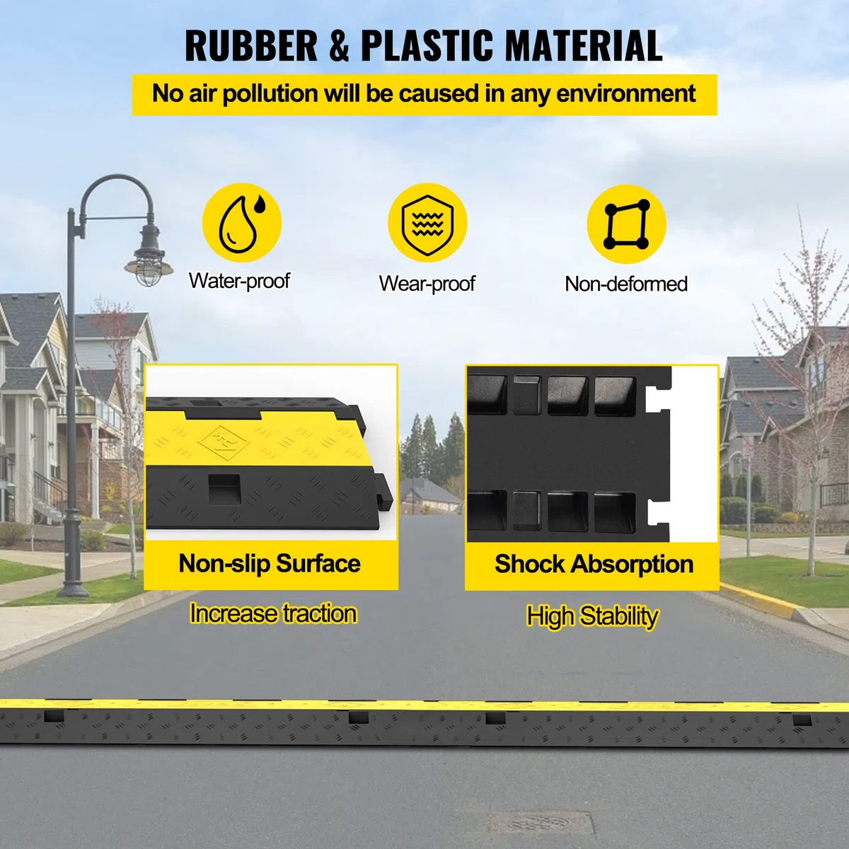 VEVOR Rampe Protection Câble Lot de 5 2 Canaux Passage de Câble au Sol Caoutchouc PVC Ralentisseur Modulaire 4989 kg 101x24,5x5 cm Noir/Jaune