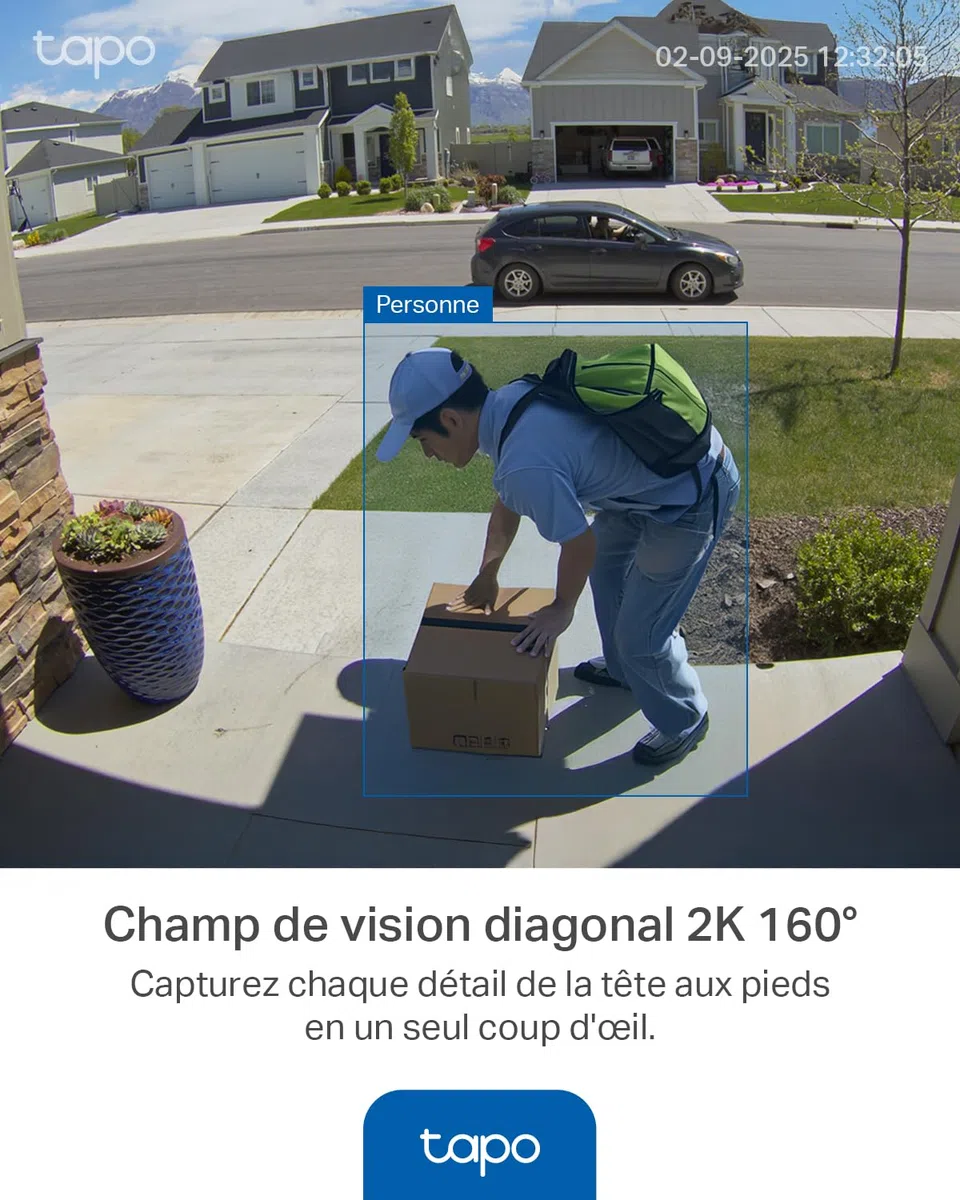 Tapo D210 Sonnette sans Fil avec caméra Extérieur 2K 3MP IP65 étanche Ultra Grand Angle 160° Vision Nocturne en Couleur Détection Humaine AI Audio Bidirectionnel