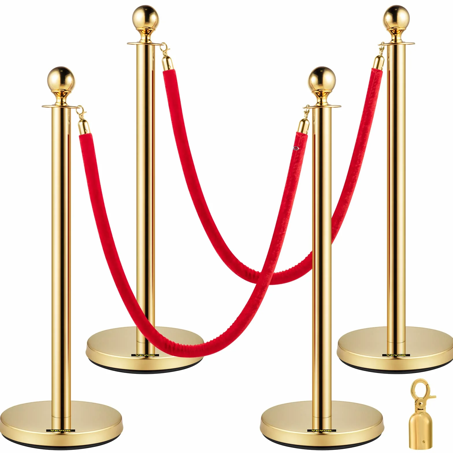 Mophorn Lot de 4 barrières de délimitation en Acier Inoxydable avec tête sphérique et Cordes en Velours Rouge