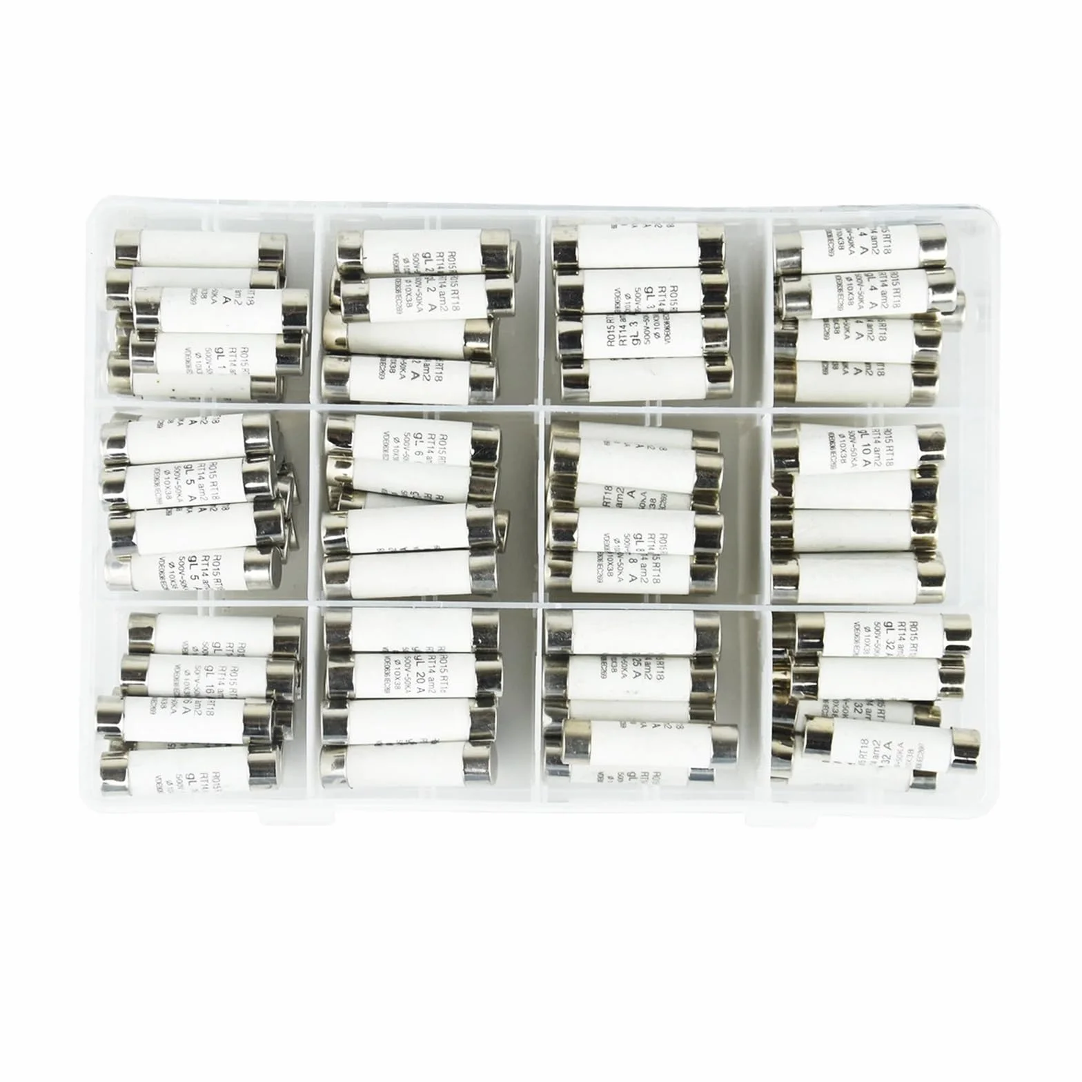 Kit de fusibles en céramique 120 pièces, 12 valeurs, 10 x 38 mm, 500 V, 1-32 A, avec boîte en plastique