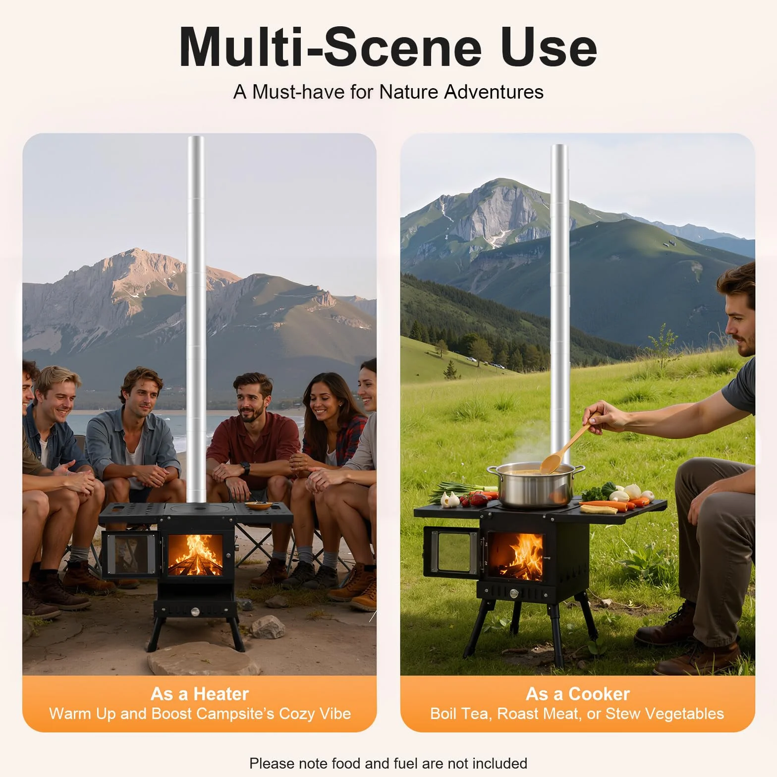 Poêle à bois pliable pour extérieur, chauffage de tente portable avec tuyaux de cheminée et fenêtre d'observation