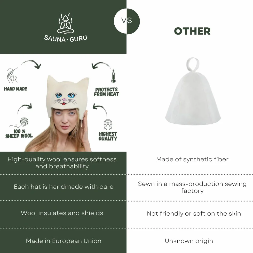 Chapeau de Sauna 'Sauna Kitten Cat' Blanc - 100% Feutre de Laine Biologique - Protège Tête de la Chaleur