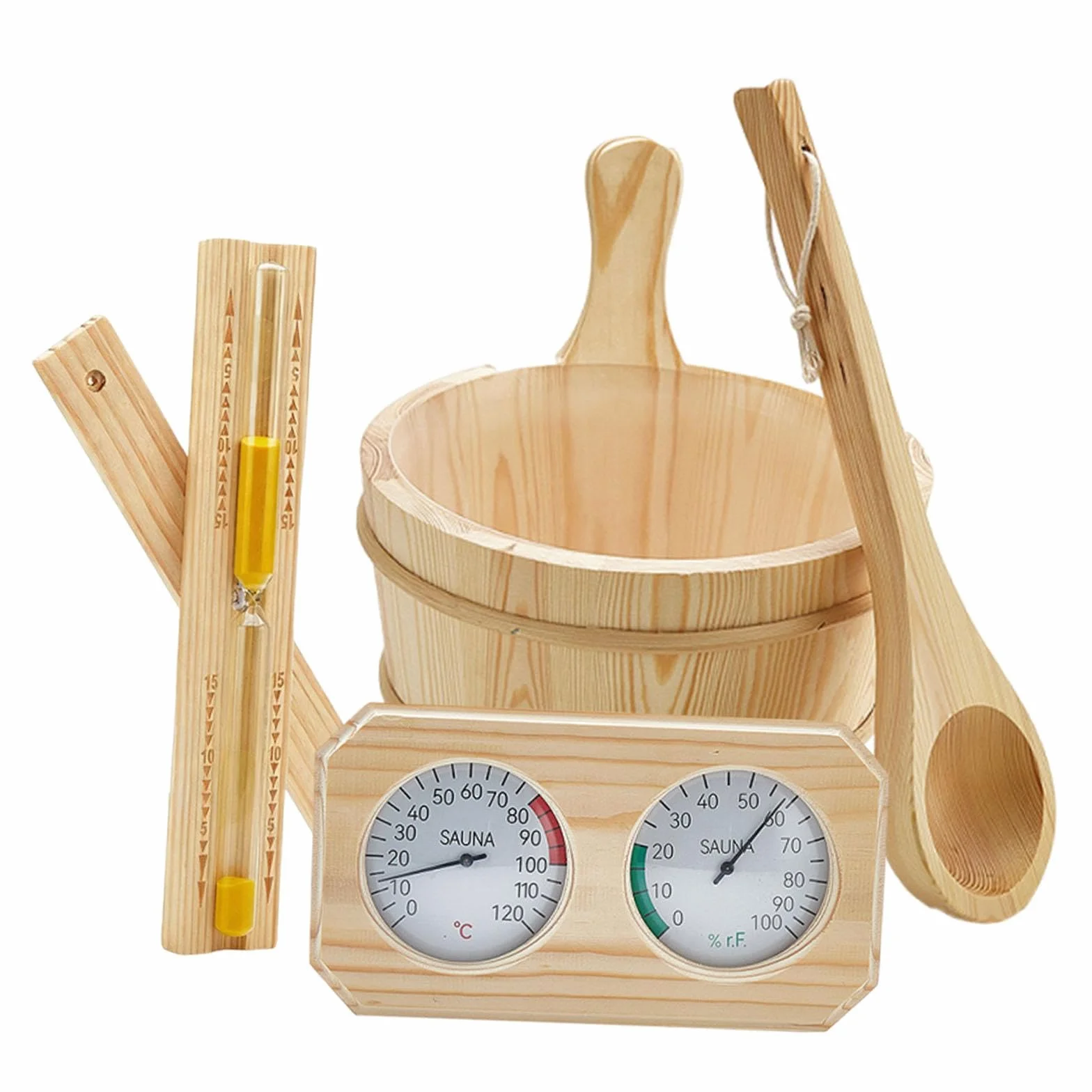 MagiDeal Kit Accessoires Sauna, Seau 4 L avec Poignée, Thermomètre Hygromètre, Louche, Sablier, Bois de Pin