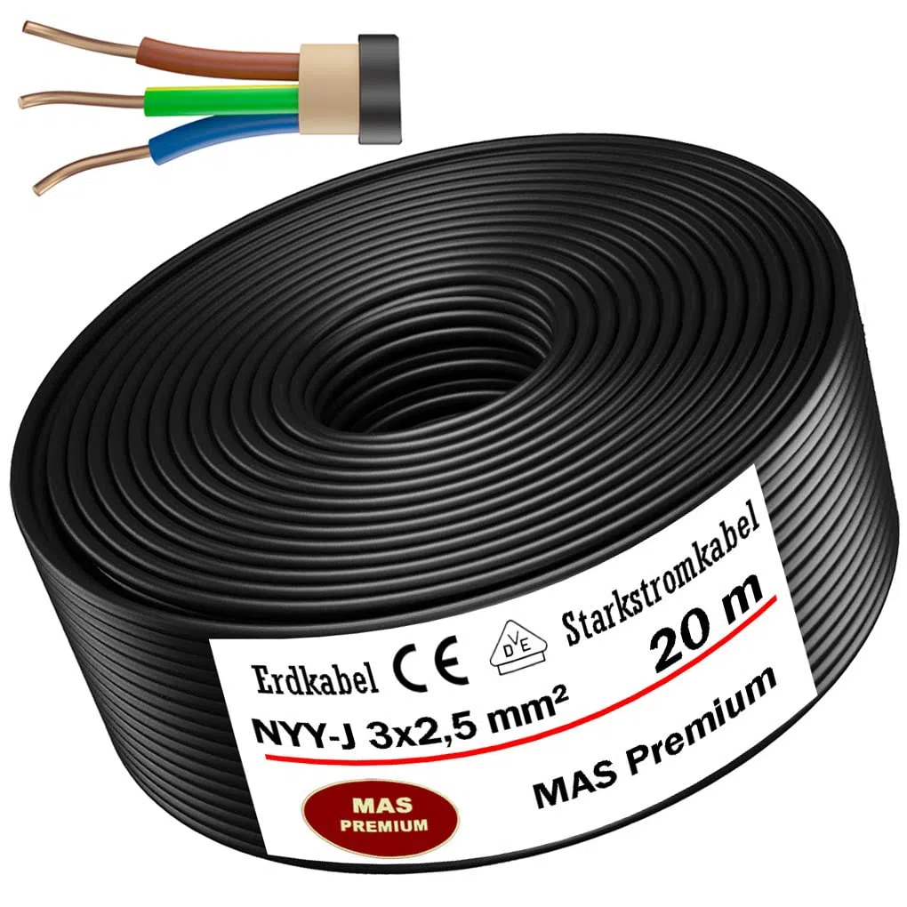 Câble d'alimentation NYY-J 3 x 2,5 mm² 20 m - Câble électrique extérieur et sous-sol