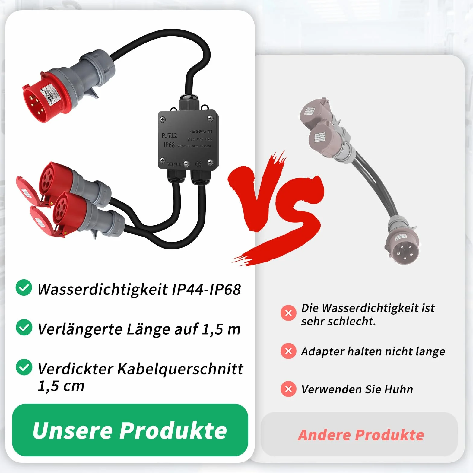Adaptateur CEE 32A vers 16A 2 Prises 230V 5 Broches Rallonge IP44-68 1,5m Répartiteur Courant Fort