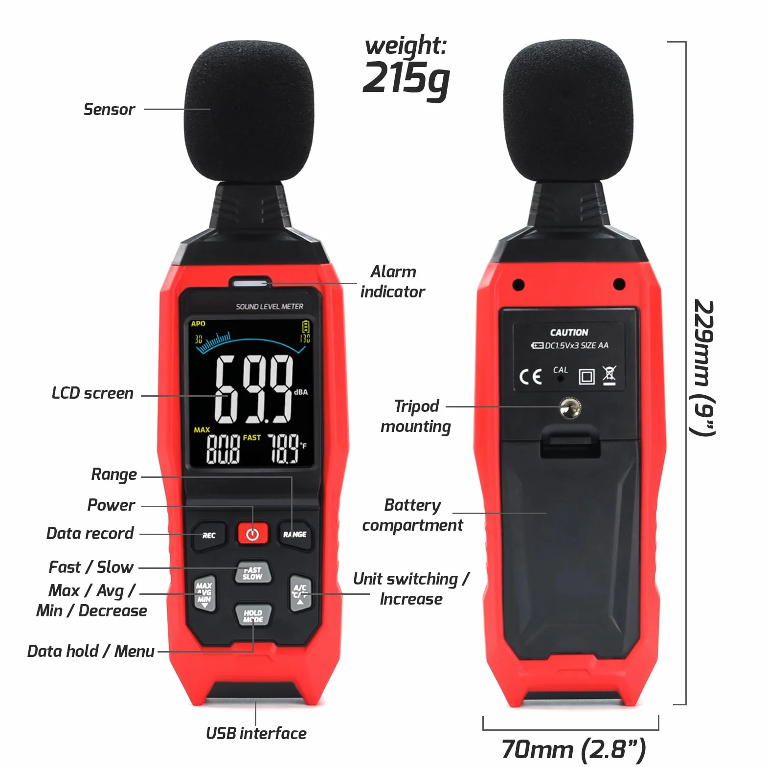 Sonomètre Compteur de Niveau Sonore 30-130 dB avec Enregistrement de Données Alarme Visuelle Connexion PC
