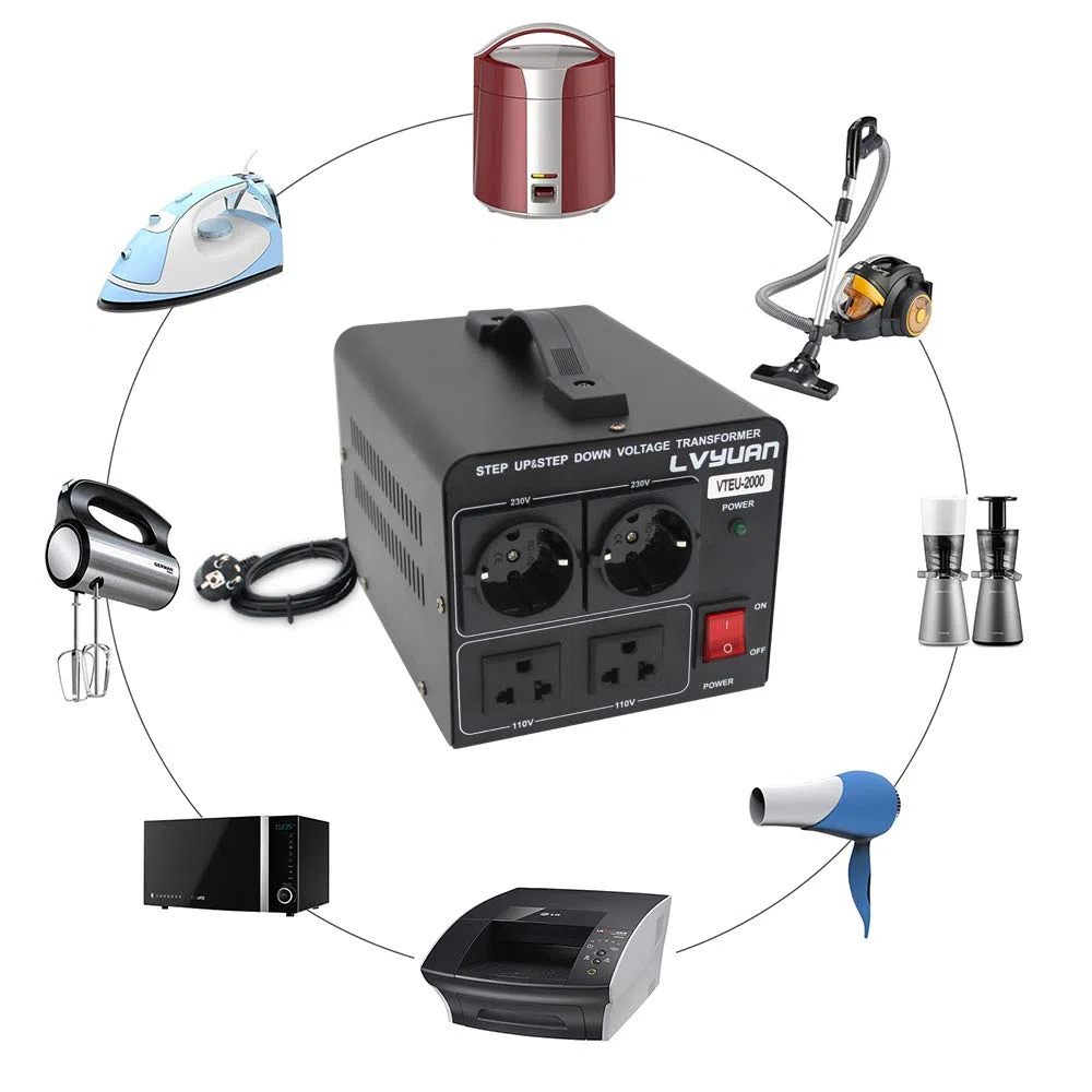 Cantonape Convertisseur de tension 2000VA 220V-110V Transformateur élévateur réducteur 2000W US Sortie 110V 120V 220V 230V