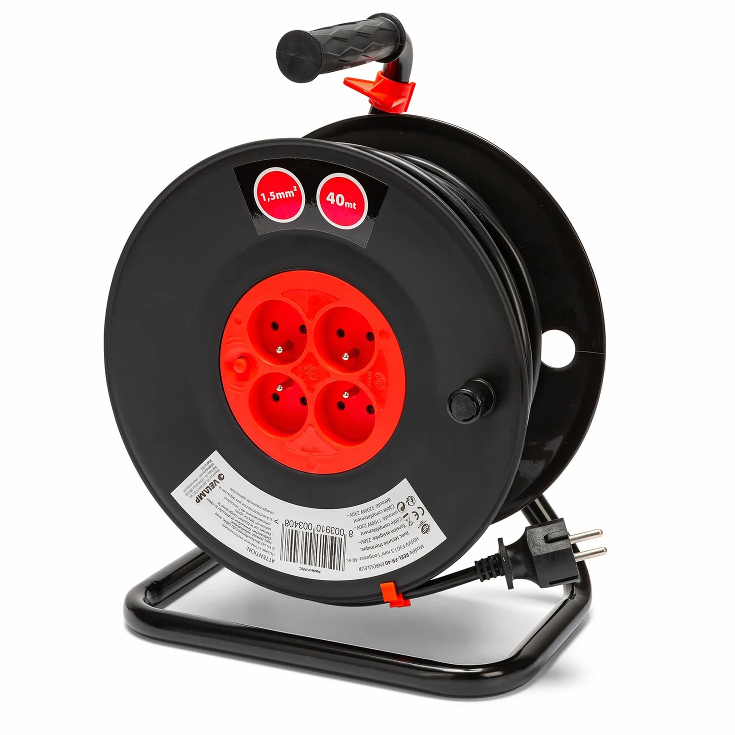 VELAMP REEL-FR-40 Enrouleur Rallonge Électrique 15M 4 Prises IP44 16A Câble 3G1,5 mm²