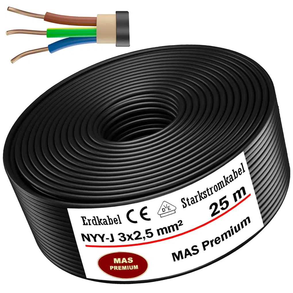 Câble de terre NYY-J 3 x 2,5 mm² 25 m – Câble électrique extérieur allemand
