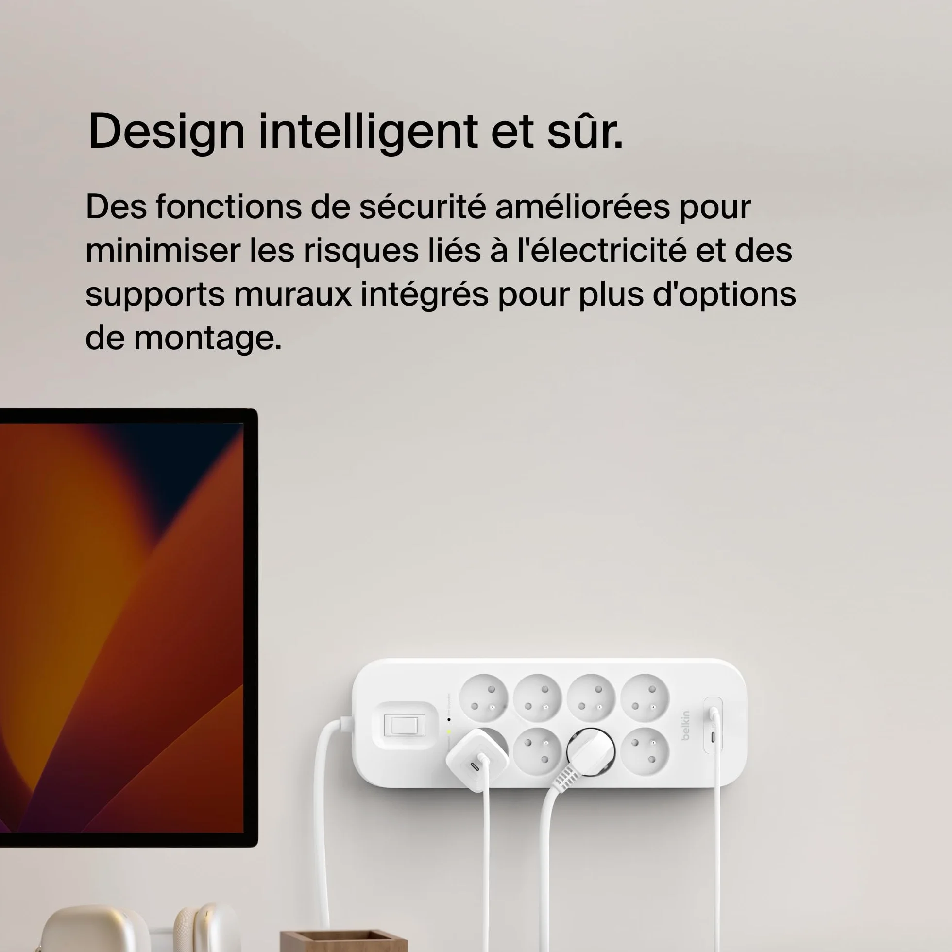 Belkin Multiprise parafoudre USB 8 prises 2 ports USB-C recharge rapide PD 900 joules