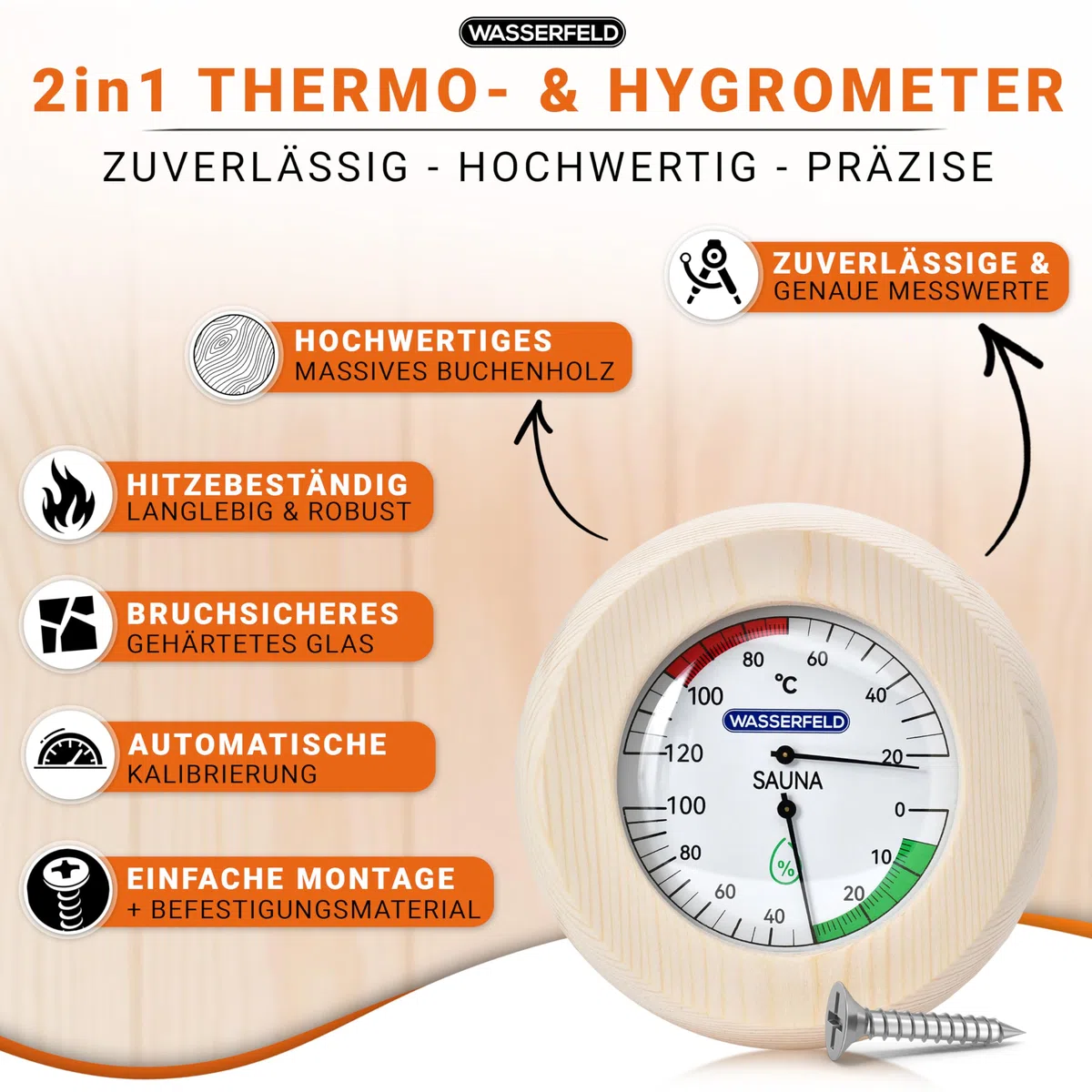WASSERFELD® Seau de sauna 4 litres avec truelle, sablier, thermomètre et hygromètre