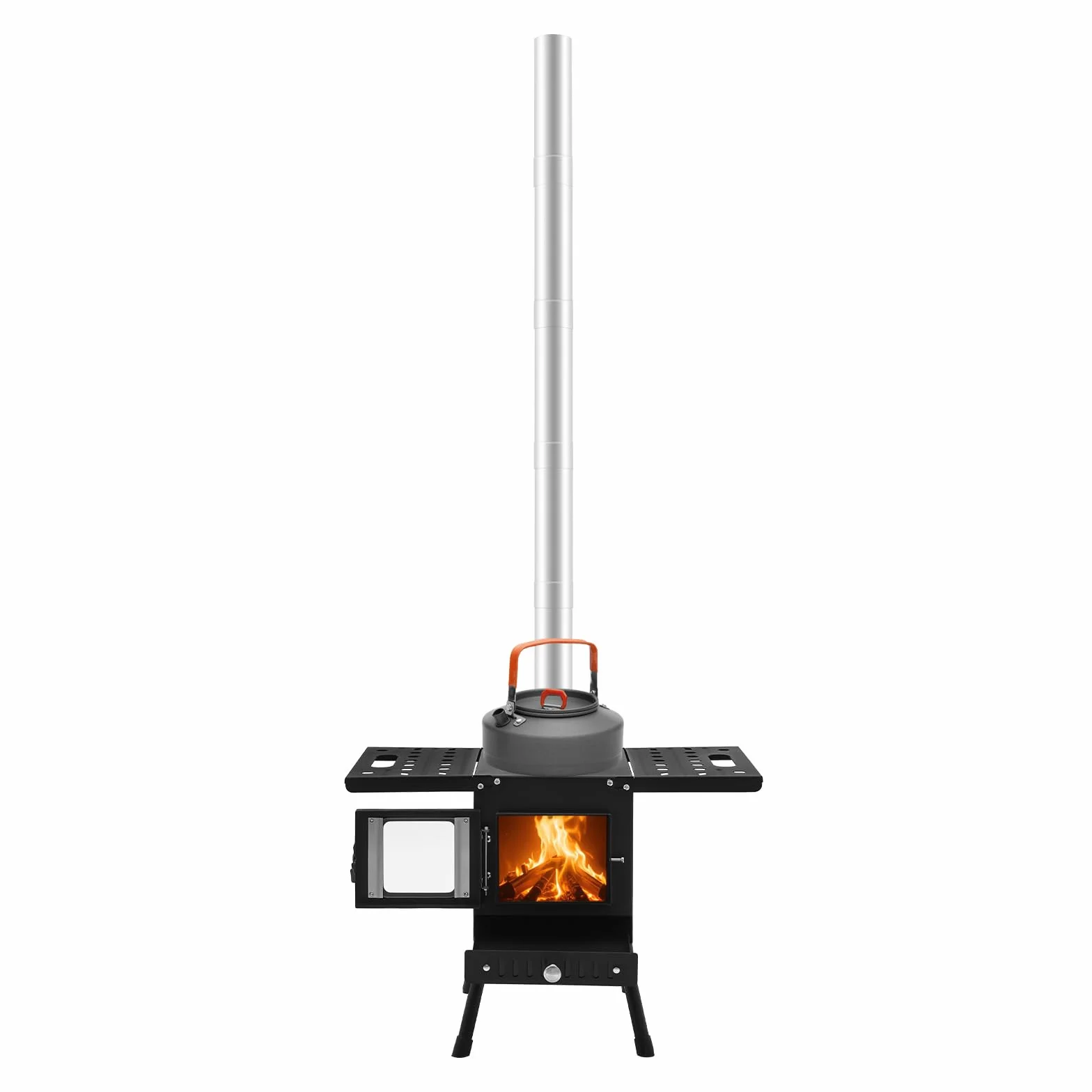 Poêle à bois pliable pour extérieur, chauffage de tente portable avec tuyaux de cheminée et fenêtre d'observation