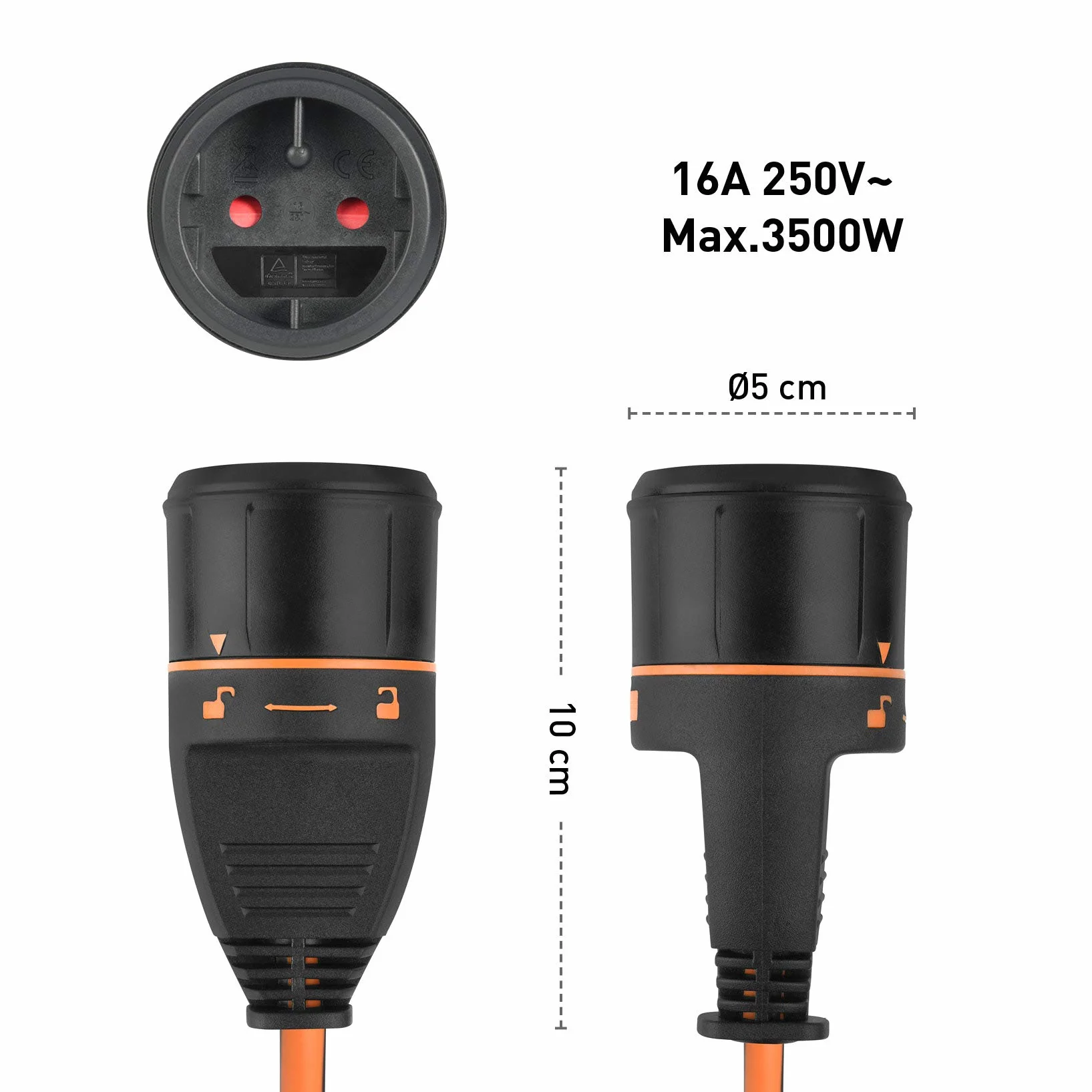 Electraline Rallonge Prolongateur Jardin avec Enrouleur 20 M 2 x 1.5 mm Prise Européenne Electralock Noir Orange