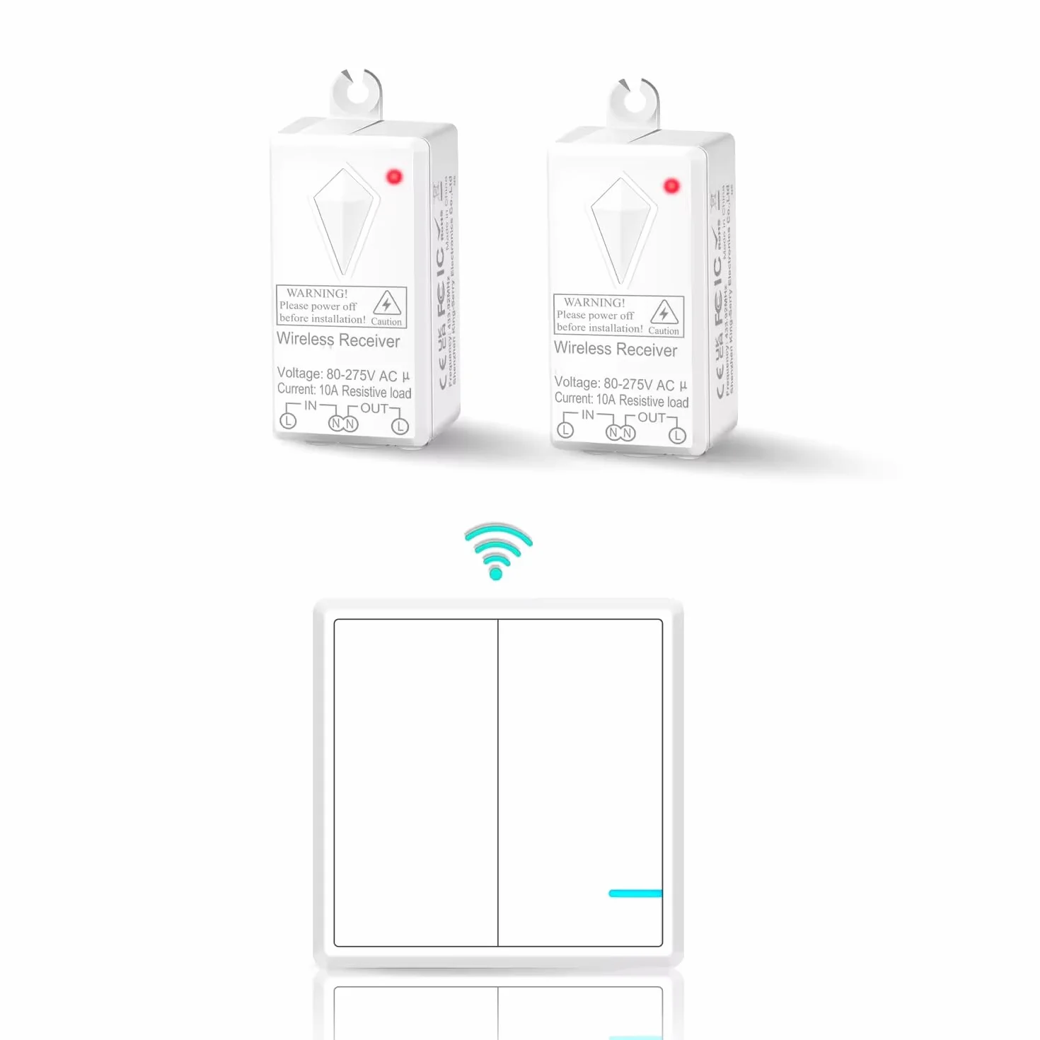 Interrupteur mural sans fil 2 canaux avec récepteur - Portée 30 m - Lot de boutons