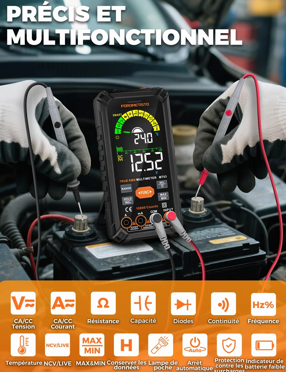 POROMETISTO Multimètre Numérique 10000 Comptes 750V CA 1000V CC Automatique Rechargeable