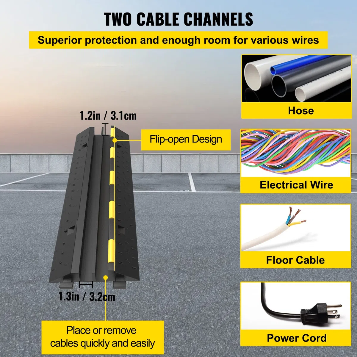 VEVOR Rampe Protection Câble Lot de 5 2 Canaux Passage de Câble au Sol Caoutchouc PVC Ralentisseur Modulaire 4989 kg 101x24,5x5 cm Noir/Jaune