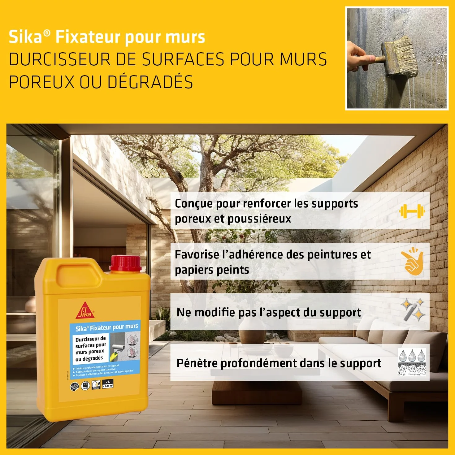 SIKA Durcisseur de surfaces antipoussière Fixateur pour murs Blanc Intérieur Extérieur 2L