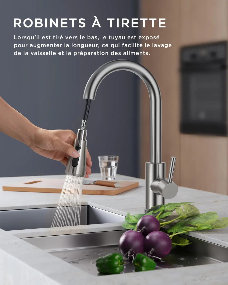 FORIOUS Mitigeur Cuisine Pivotant 360° Arc Élevé Pulvérisateur Escamotable 2 Modes Acier Inoxydable
