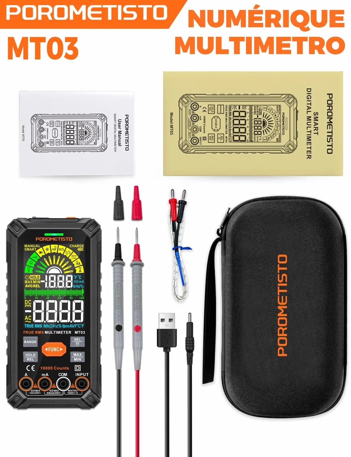 POROMETISTO Multimètre Numérique 10000 Comptes 750V CA 1000V CC Automatique Rechargeable