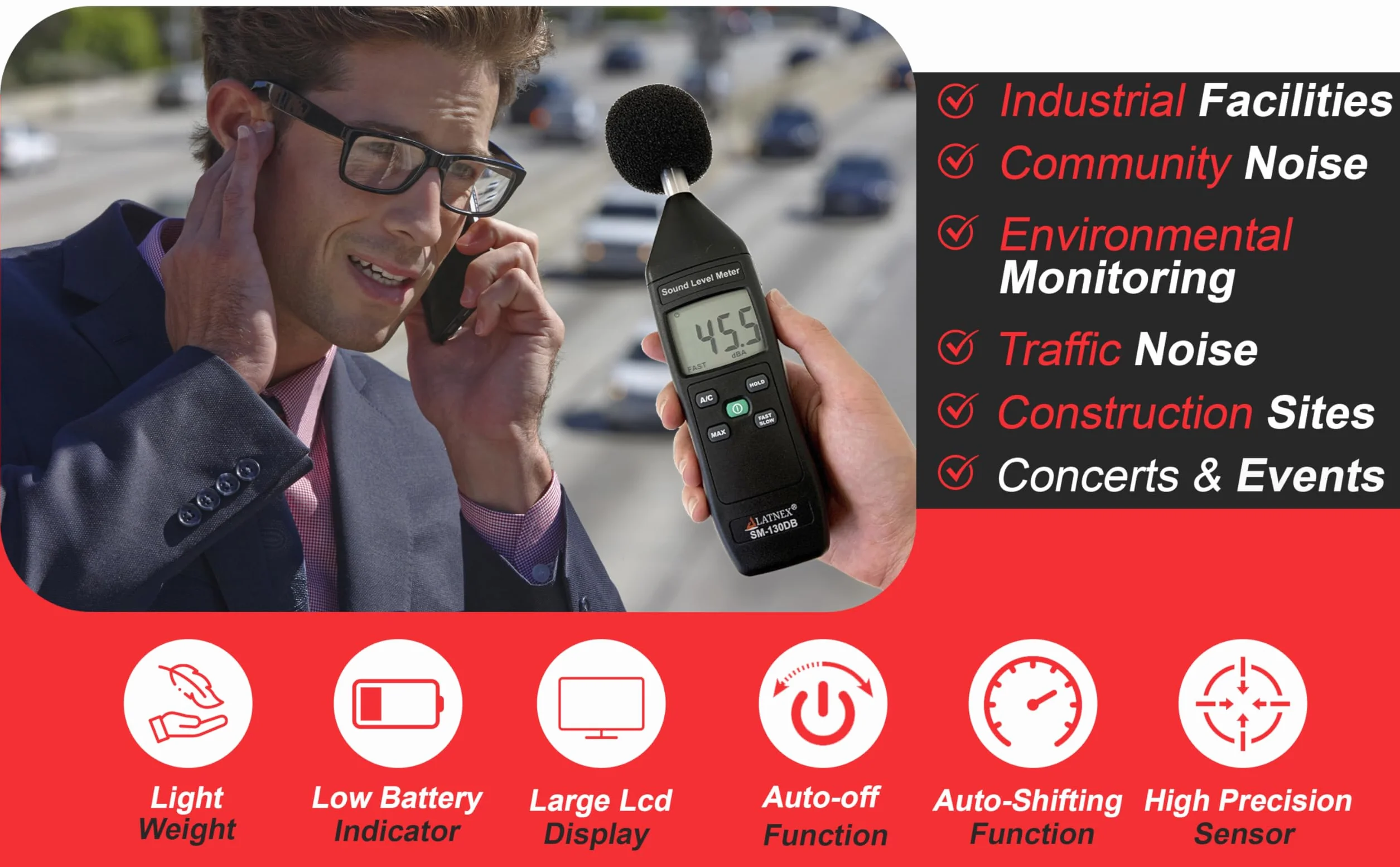 LATNEX SM-130DB Lecteur de Décibels Numérique avec Certificat d'Étalonnage, Appareil de Mesure de Niveau Sonore Type 2