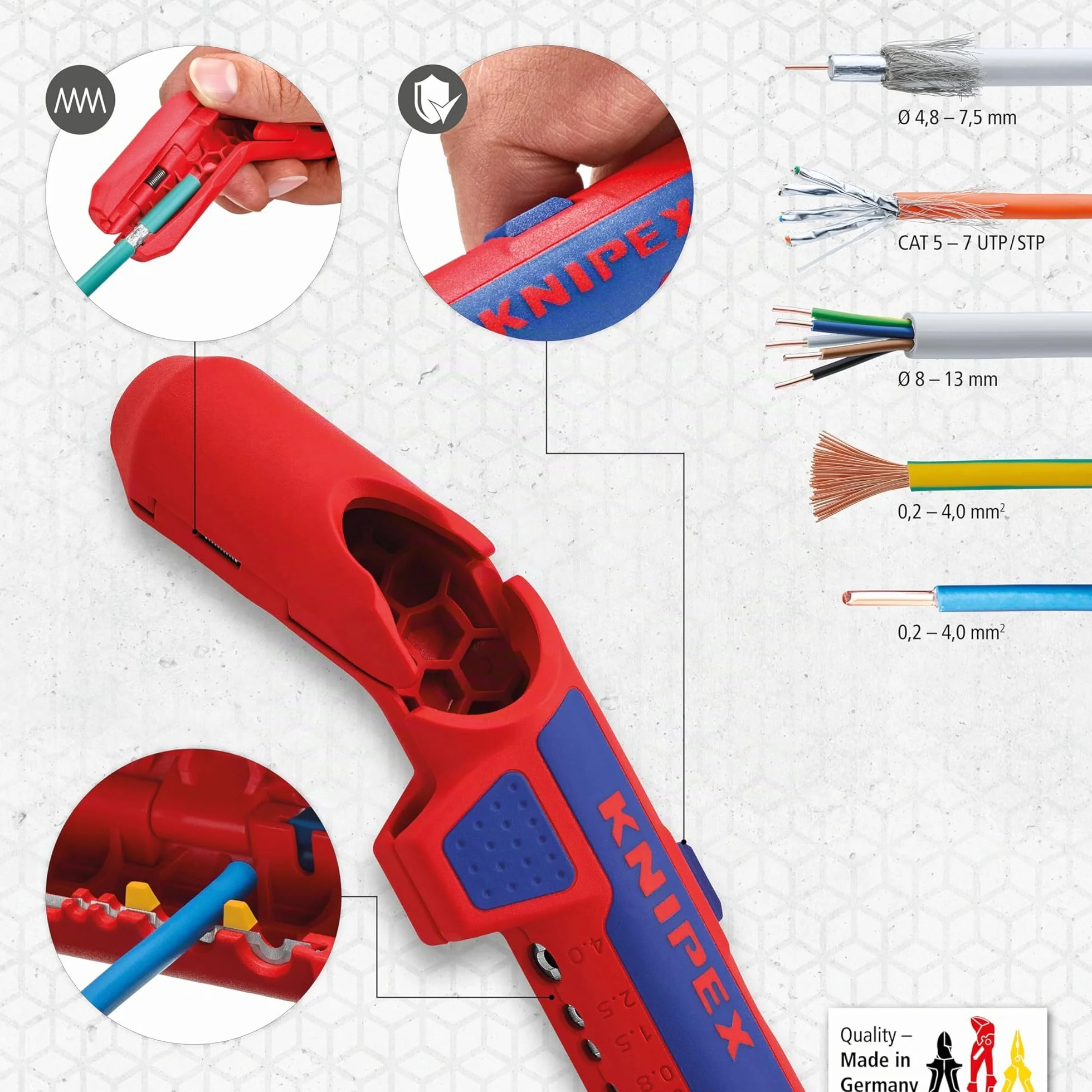 Knipex ErgoStrip 16 95 01 SB Outil à dégainer universel 135 mm câbles 3G1,5-5G2,5 coaxiaux données pince à dénuder