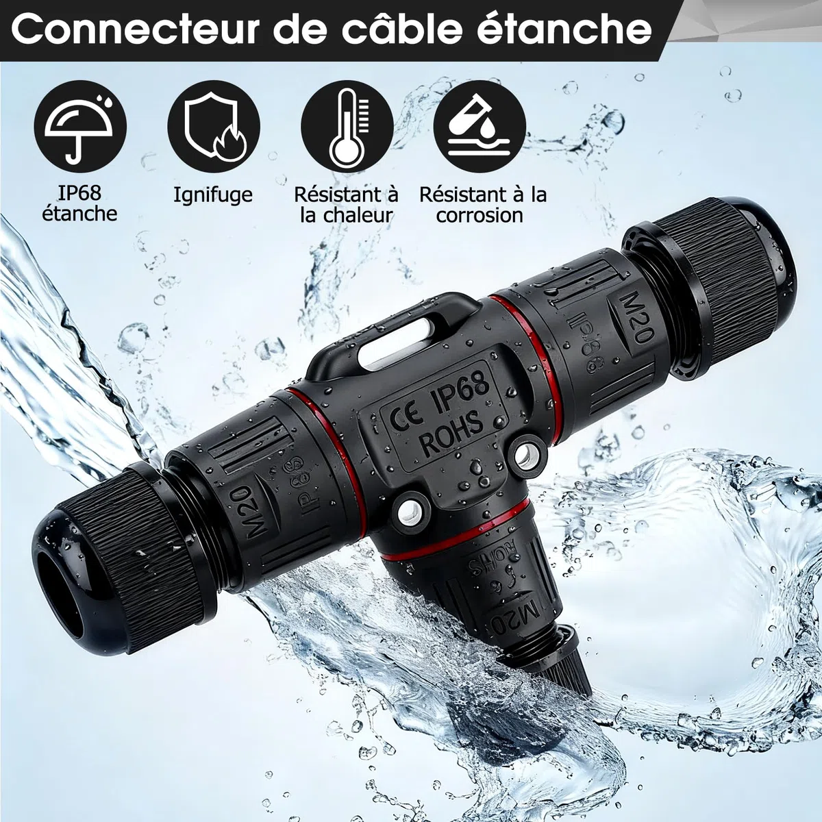Connecteur Electrique Etanche IP68 3 Fils Forme T Ø3-12mm