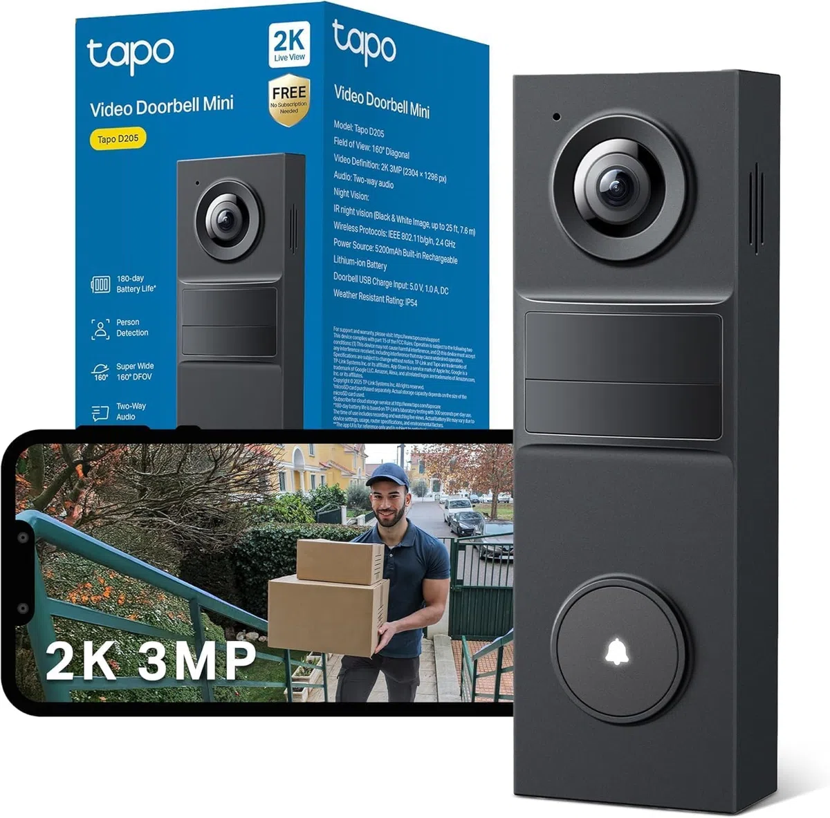 Tapo D205 Sonnette sans fil avec caméra extérieur 2K 3MP IP54 étanche Grand angle 160° Vision Nocturne Détection Humaine AI Audio Bidirectionnel autonomie 180j