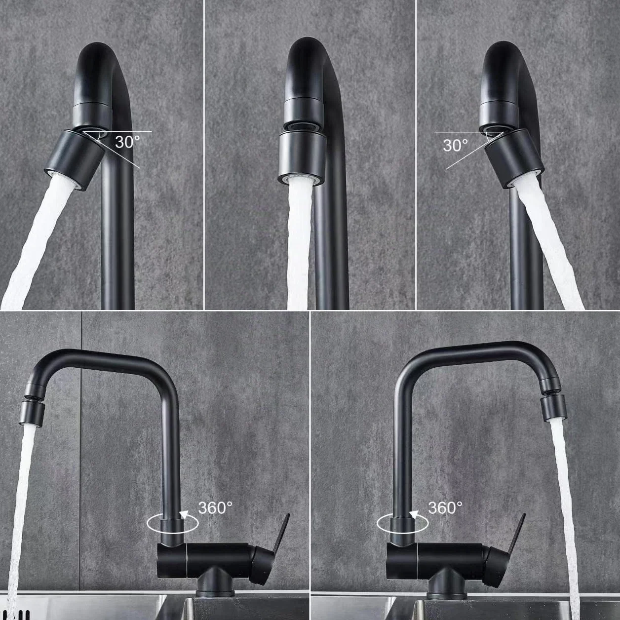 Robinet de cuisine rotatif 360° 2 modes pulvérisation pliable levier unique noir mat