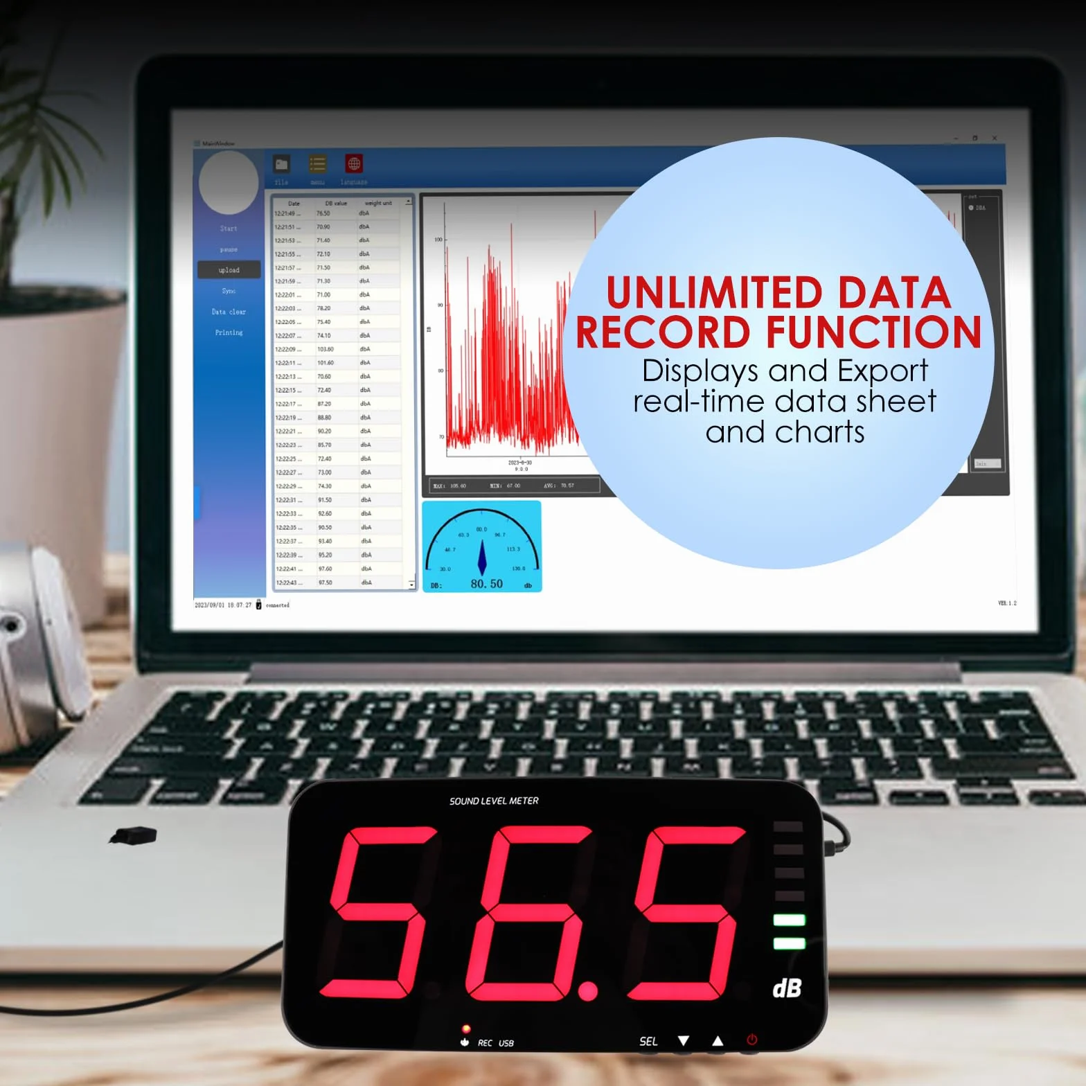 Sonomètre Numérique 30~130dB Écran Large HD 13" Mesure de Bruit Décibelmètre Alarme de Bruit Enregistrement de Données