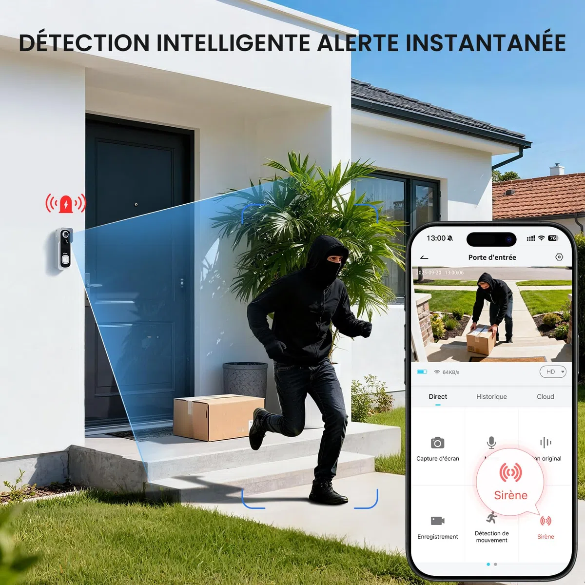 ieGeek 2K Sonnette sans Fil Exterieur Etanche Caméra Compatible Alexa Détection IA IP66 WiFi 2.4 GHz Blanc