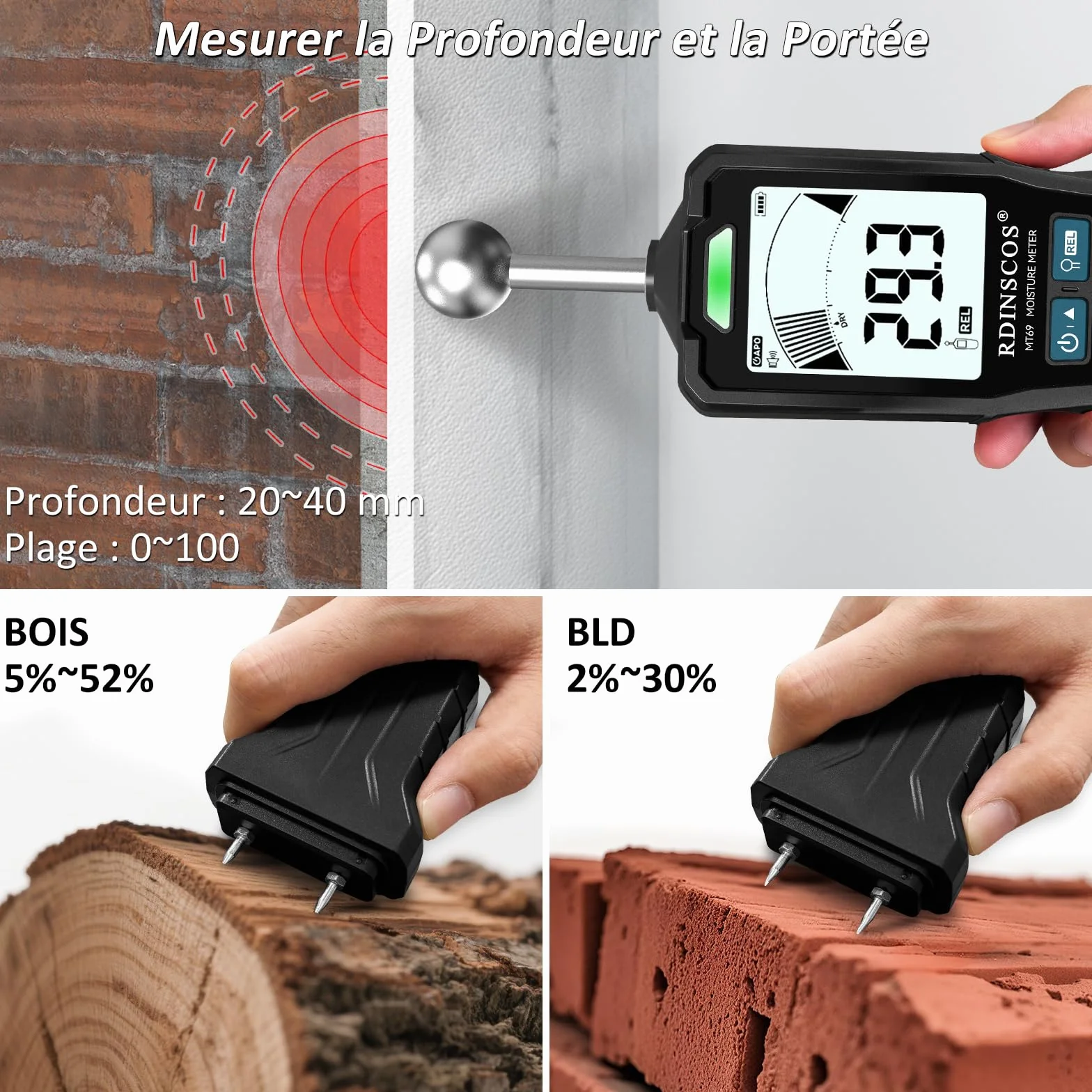 RDINSCOS Testeur Humidité 2 en 1 à Sondes Sphérique et à Aiguilles – Humidimètre pour Bois, Mur, Béton, Plâtre, Écran LCD, Détection 20-40 mm