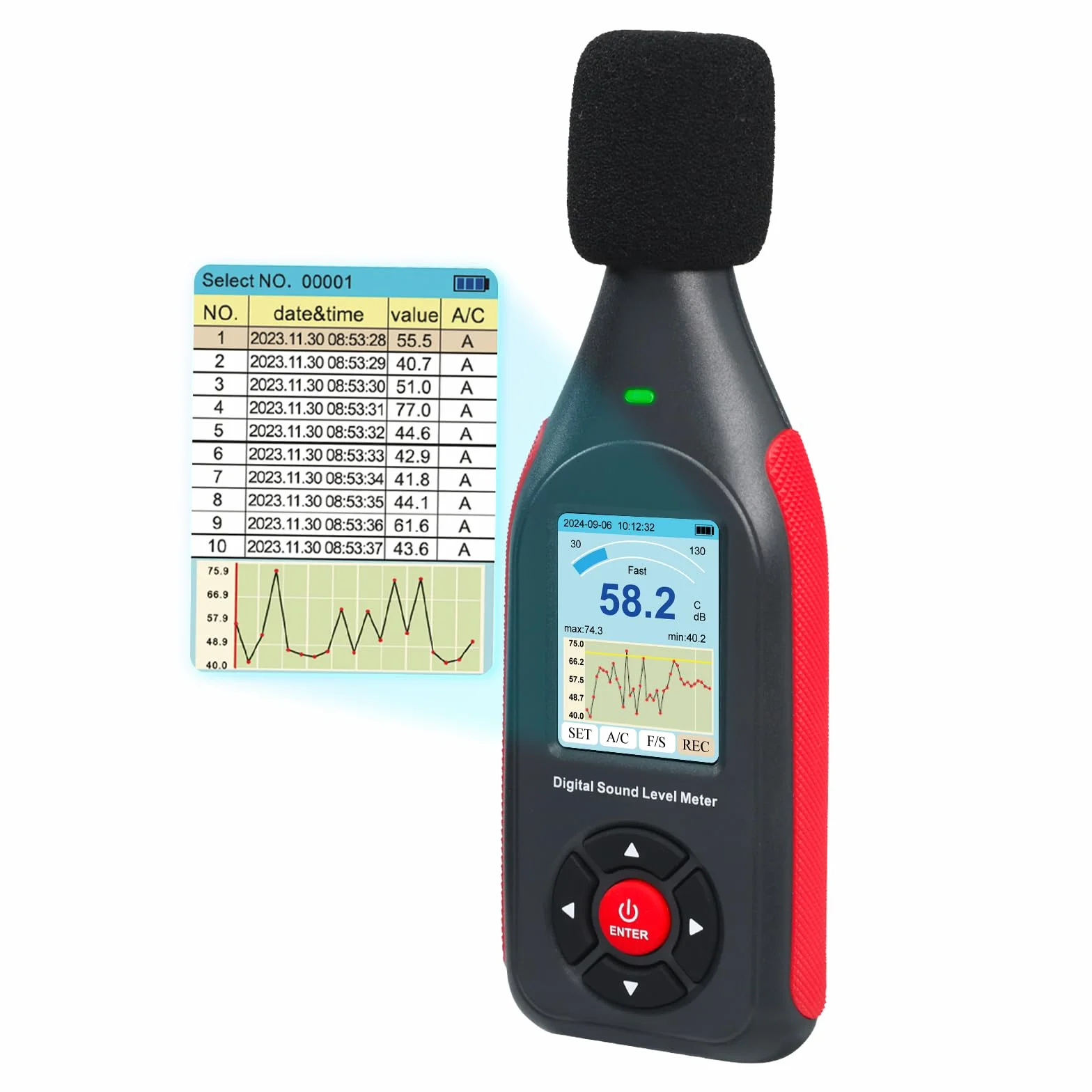 Décibelmètre numérique avec enregistreur de données, niveau sonore rechargeable, fréquence A/C, sortie CC
