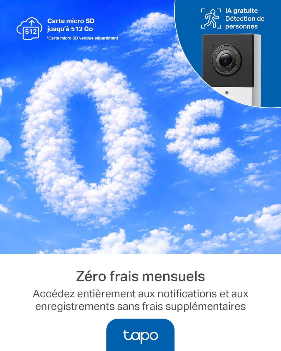 Tapo D210 Sonnette sans Fil avec caméra Extérieur 2K 3MP IP65 étanche Ultra Grand Angle 160° Vision Nocturne en Couleur Détection Humaine AI Audio Bidirectionnel