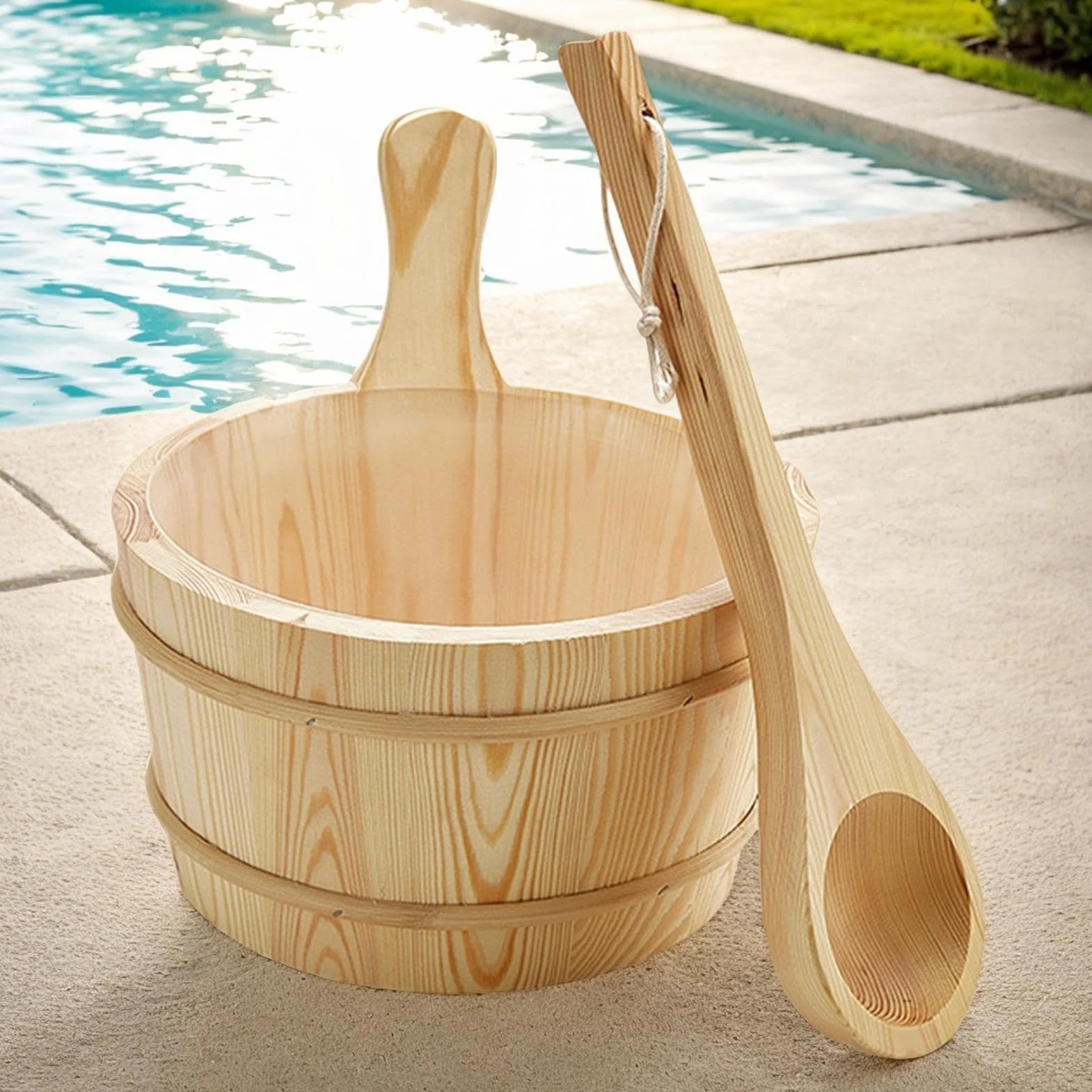 Seau à sauna en bois 4 l avec longue cuillère - Accessoires de bain