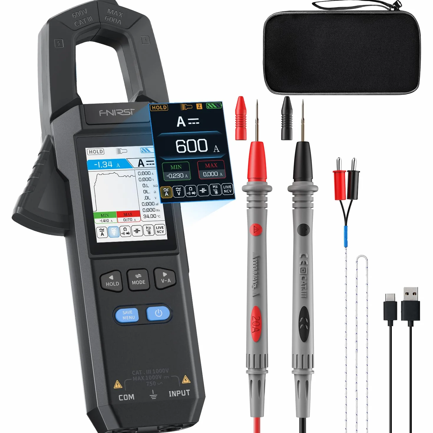 FNIRSI DMC-100 Pince Ampèremétrique Numérique Multimètre TRMS 9999 Points 600A Rechargeable NCV Tension CA/CC Courant Continuité