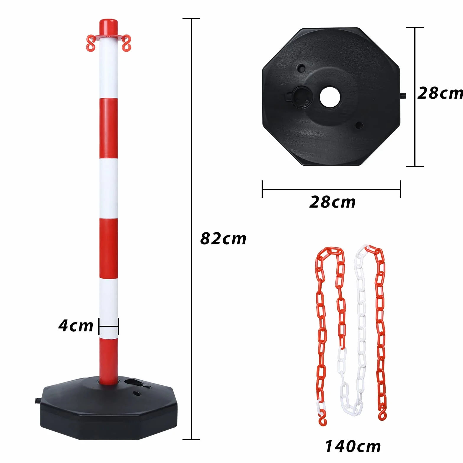 Poteaux de Barrière 2 pcs Potelets en Plastique avec Chaîne 140cm Poteau de Base PE PP 82cm Flexible Signalisation Cône Inclus Rouge+Blanc