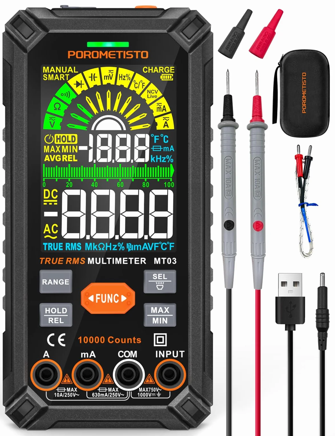 POROMETISTO Multimètre Numérique 10000 Comptes 750V CA 1000V CC Automatique Rechargeable