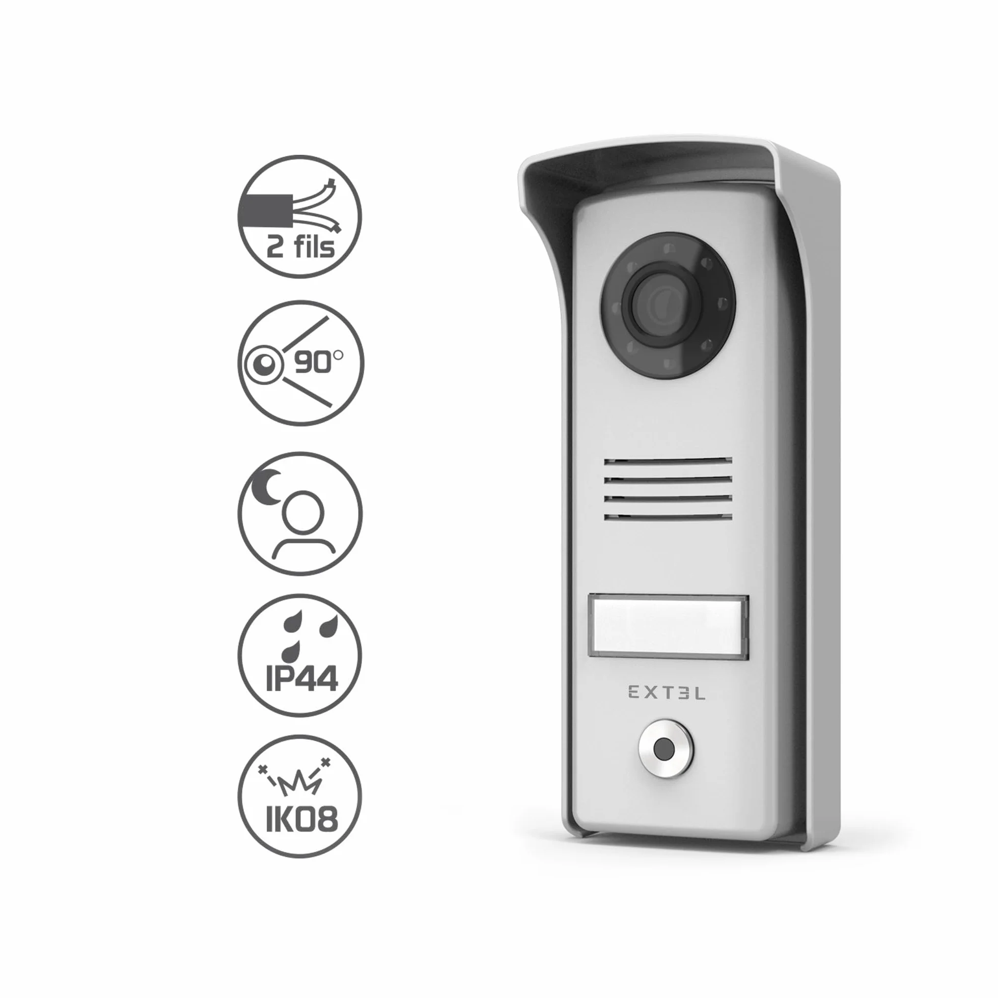 EXTEL Visiophone Filaire Interphone Vidéo 2 Fils Design Ultra Compact Double Commande Ouverture Portail Gâche Électrique Vision Nocturne LEDs Platine Rue Étanche