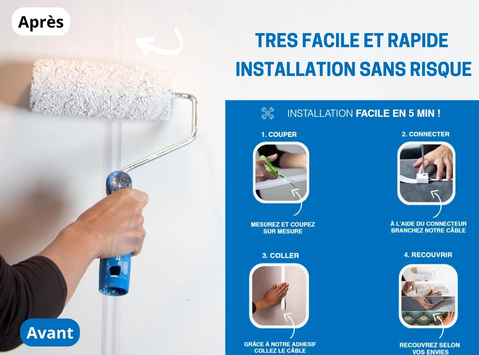 Câble électrique invisible ultra plat 5M 230V/16A 3 lignes