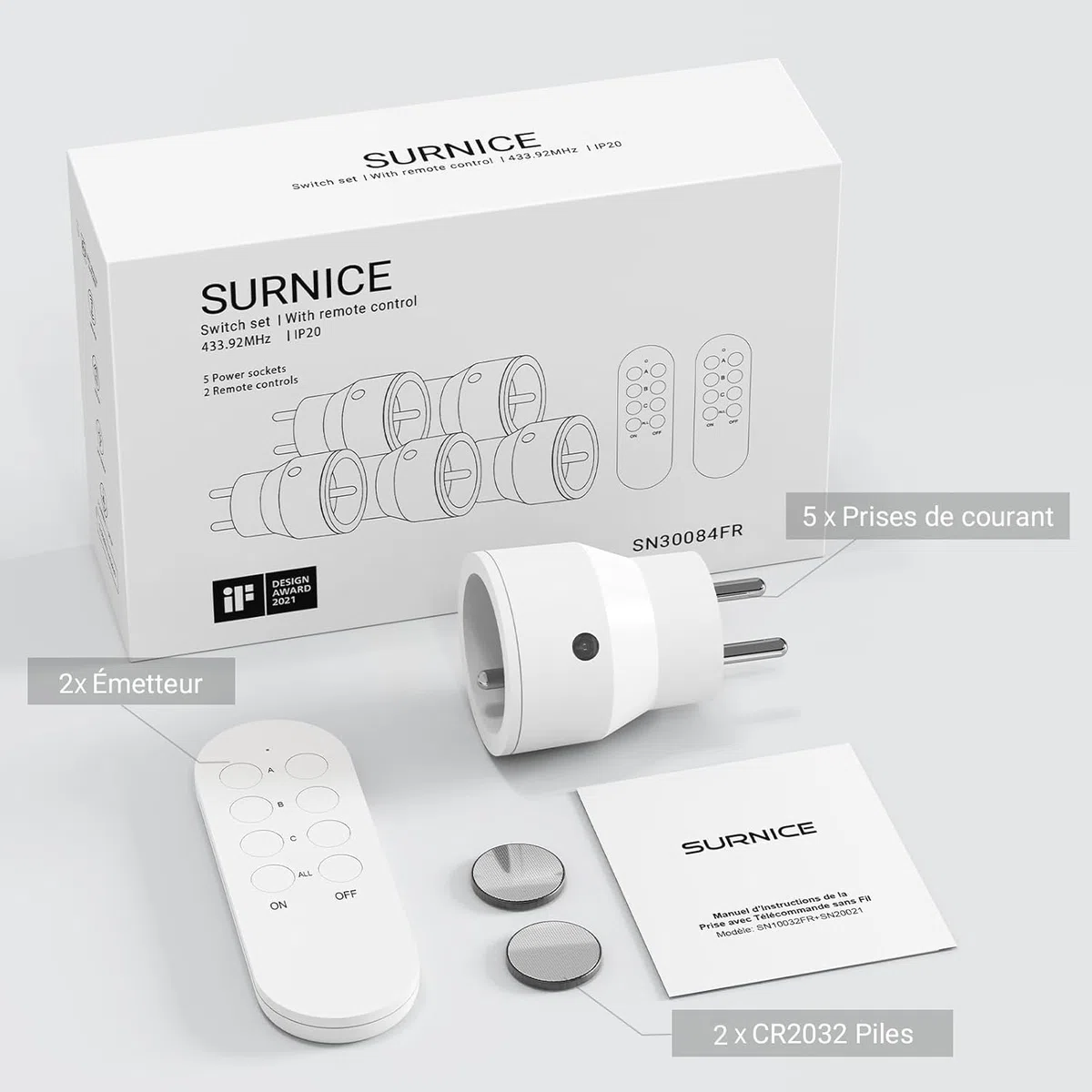 Télécommande Sans Fil 10A 80M 2300W 5 Prises 2 Télécommandes